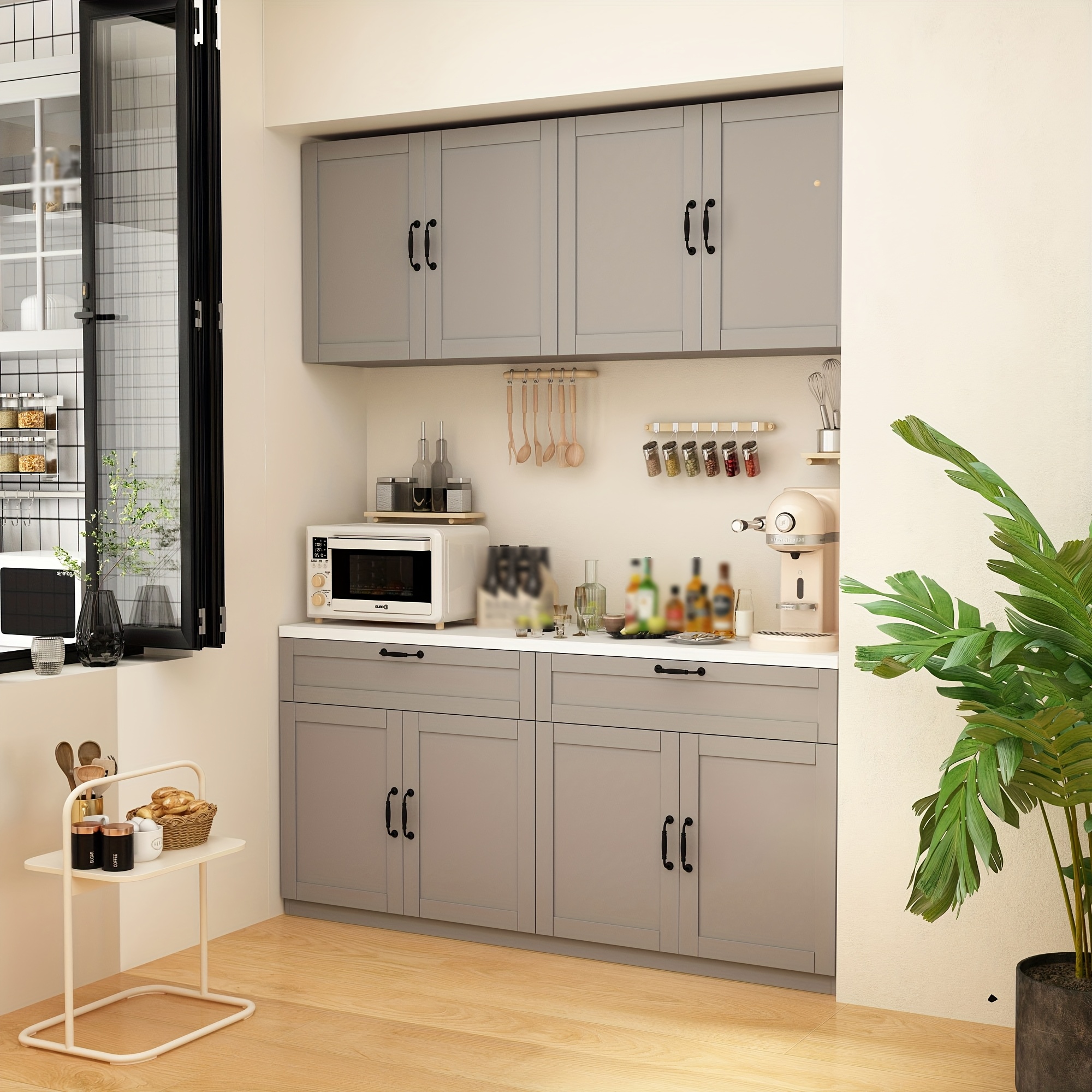 Wooden storage cabinet, kitchen side pantry, large capacity storage, wall-mounted kitchen food cabinet with doors, drawers, and adjustable shelves