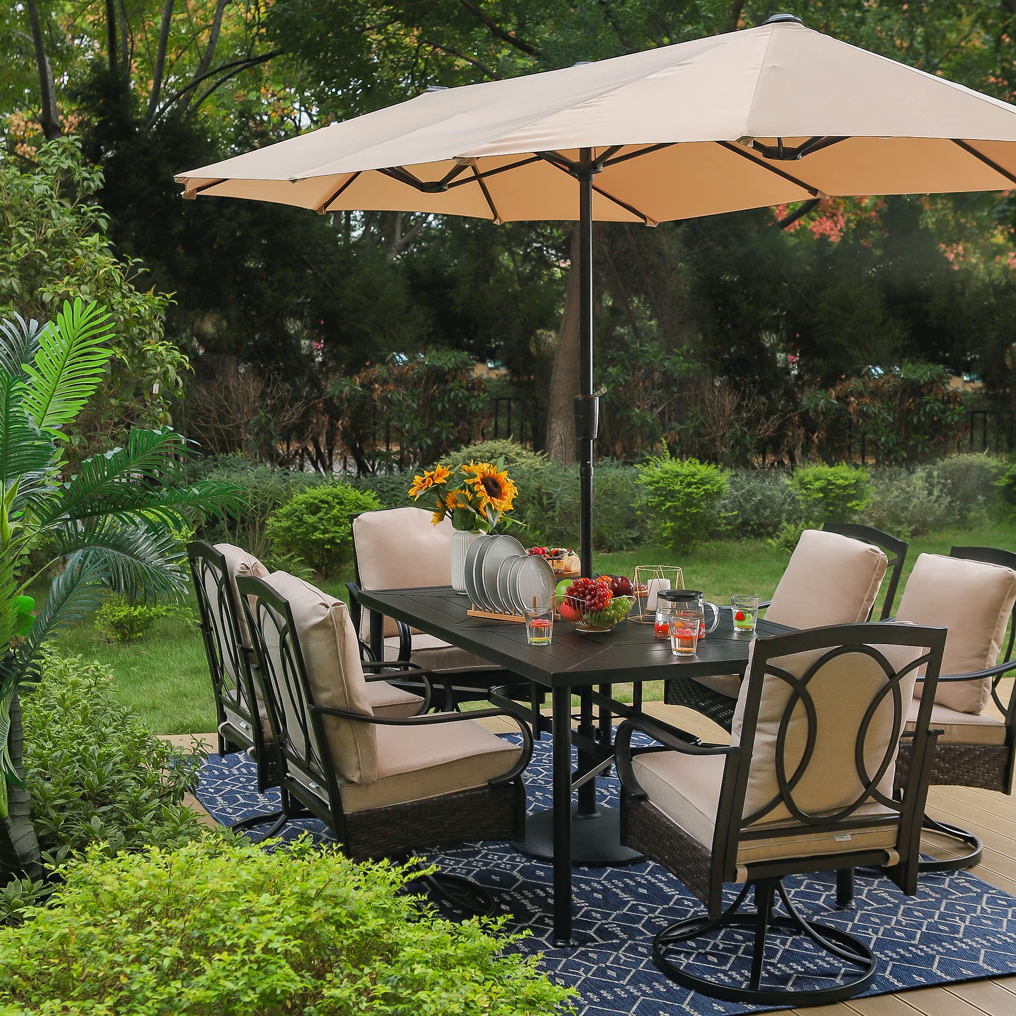 Outdoor Patio Dining Table and Chairs Set with Umbrella, Heavy Duty 8 Piece Patio Dining Set