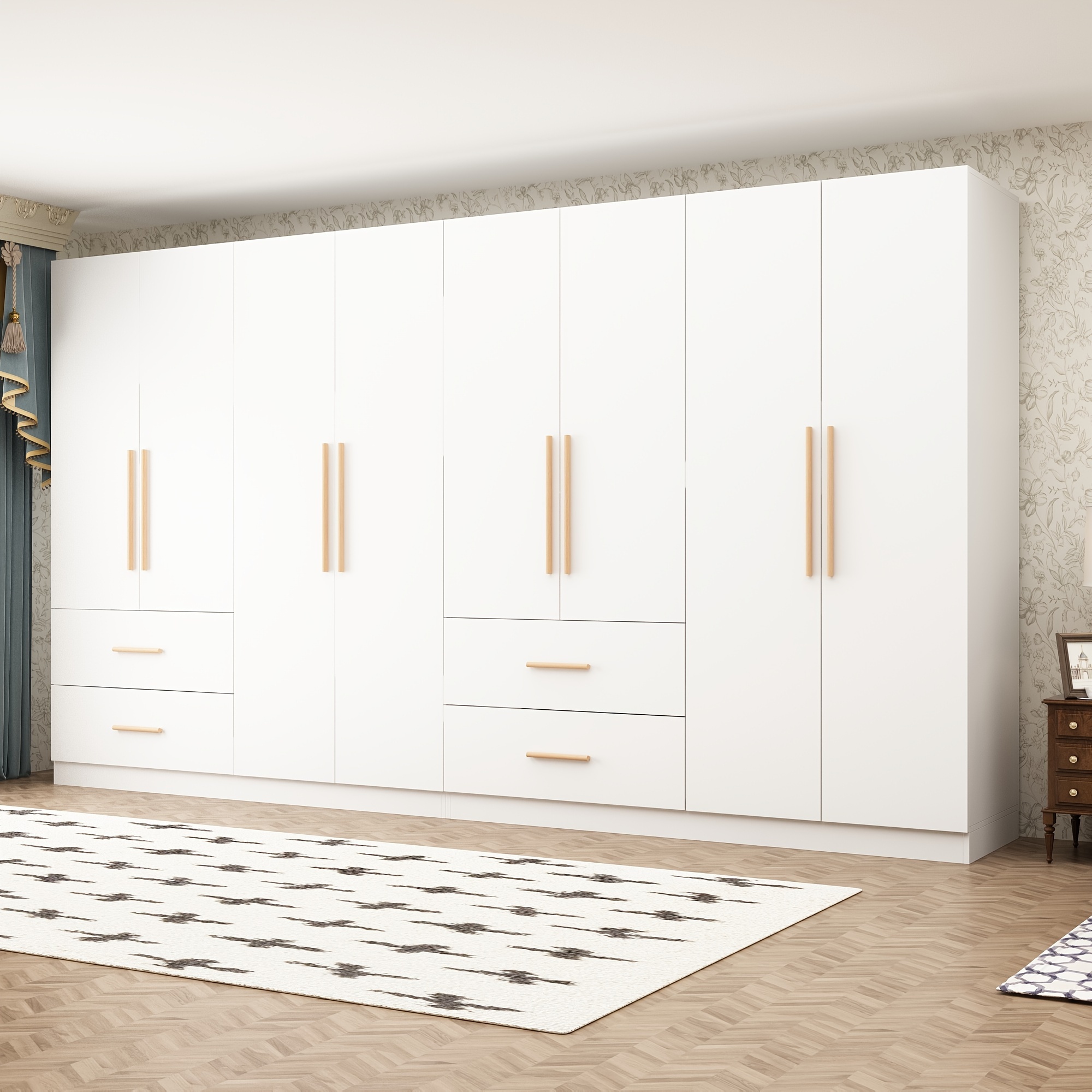 Modern White Wardrobe - Freestanding wardrobe with 4 doors, 2 drawers, 6 storage compartments, and a hanging rod - Large bedroom closet organizer, suitable for apartments and homes - Clothes storage, home organization