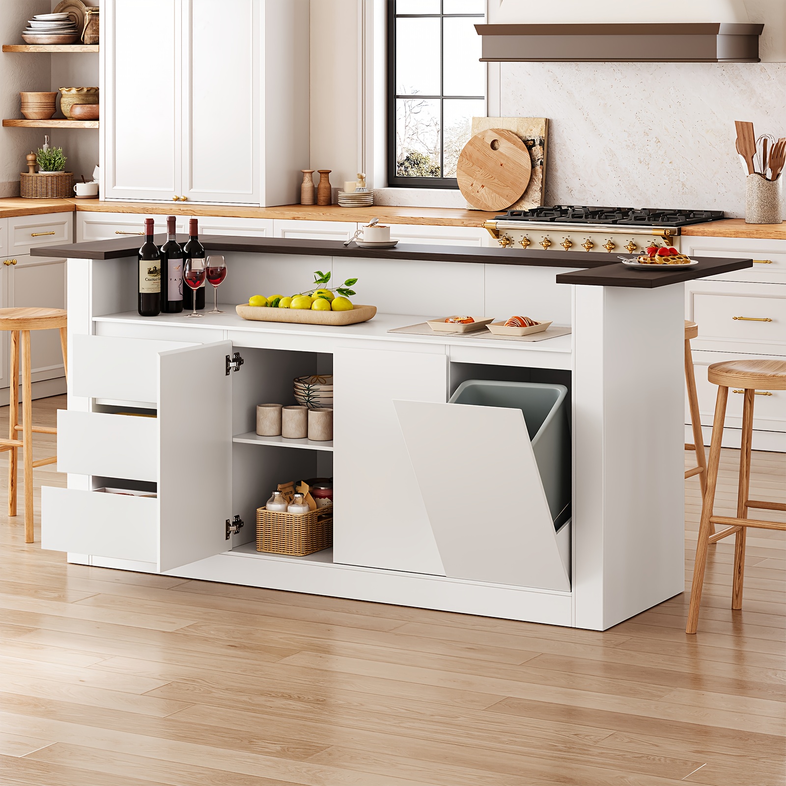 Modern kitchen island with trash bin and storage function - MDF material - Freestanding central island suitable for kitchen, dining room, living room - Closed cabinet storage, spacious countertop, space-saving furniture