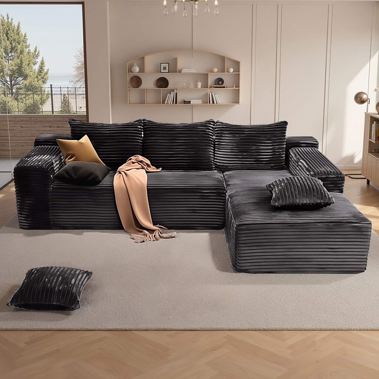 Modern chenille soft cushion modular sofa set, modular L-shaped sectional living room sofa set, free combination sofa for living room and lounge (with side chaise lounge)
