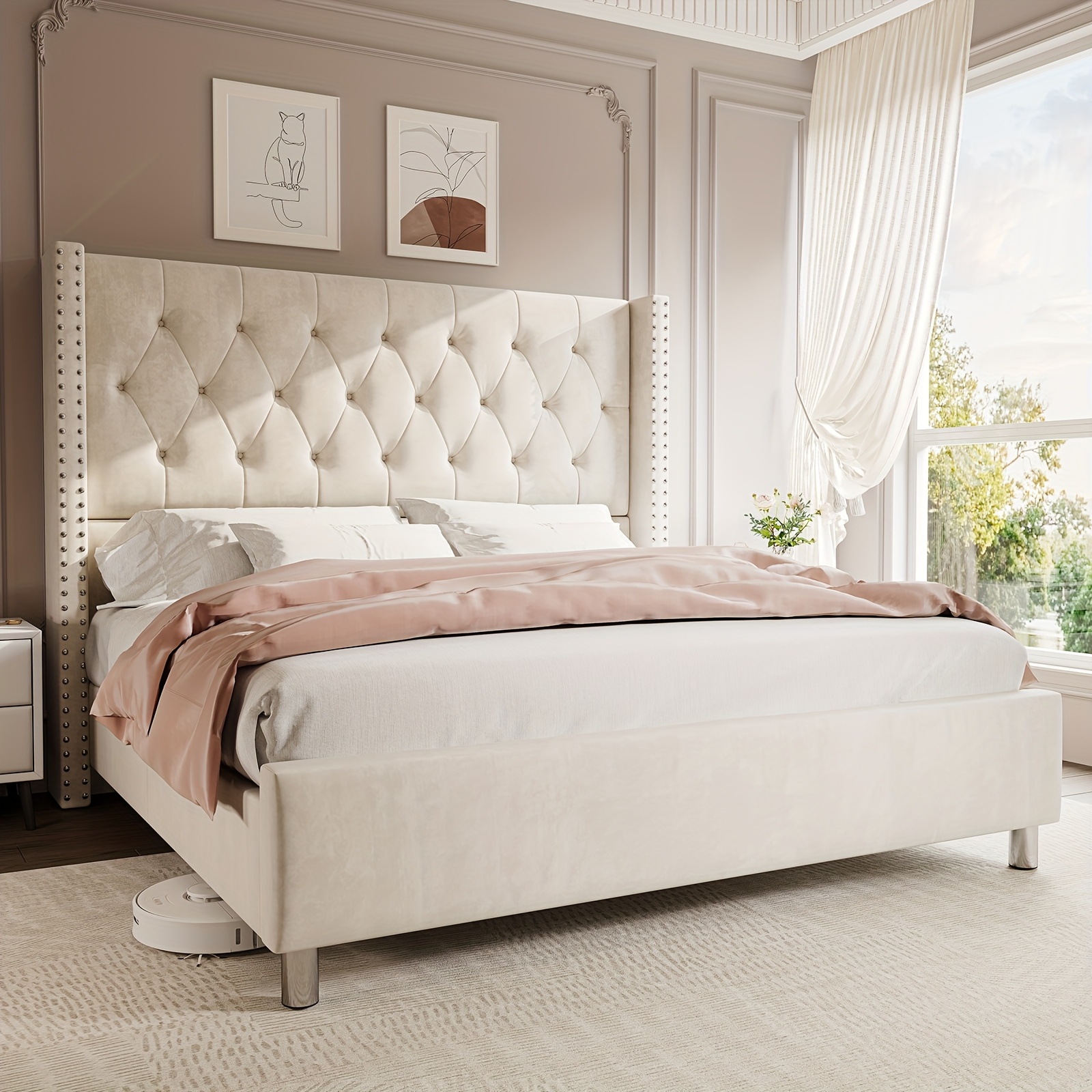 Papajet velvet headboard bed frame, with wing-style headboard, no box mattress required