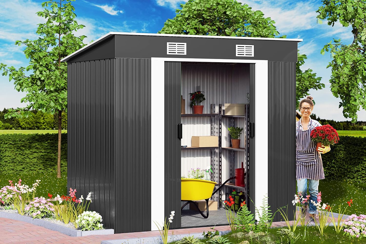 GARDEBRUK&reg; Garden Metal Tool Shed | Anthracite | 6x4 FT | Outdoor Tool Storage Garden House | Sloped Pent Roof | Sliding Door | Container Gardening Equipment | Weather-Resistant