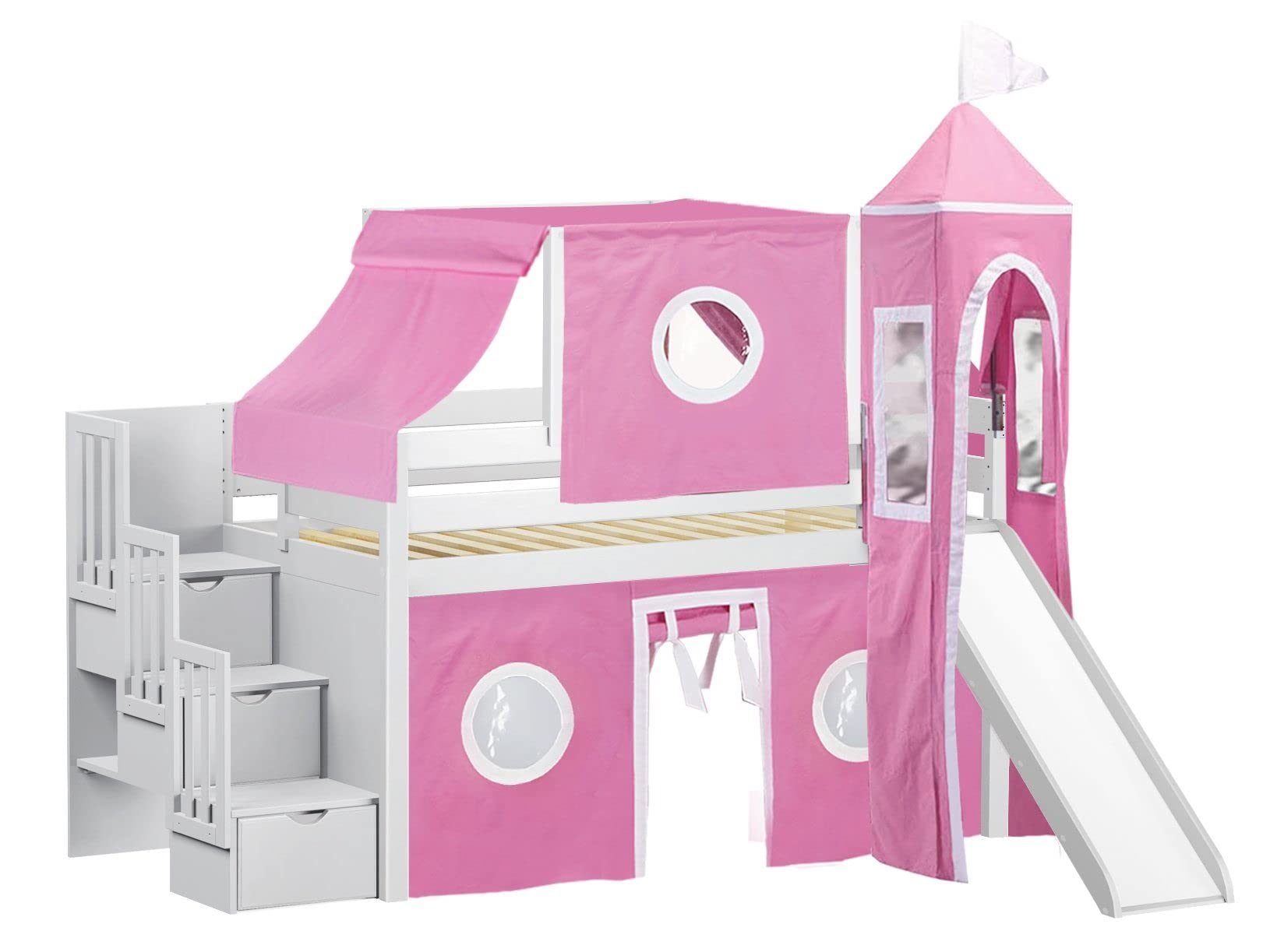 Princess Low Loft Stairway Bed with Slide Pink & White Tent & Tower, Loft Bed, Twin, White