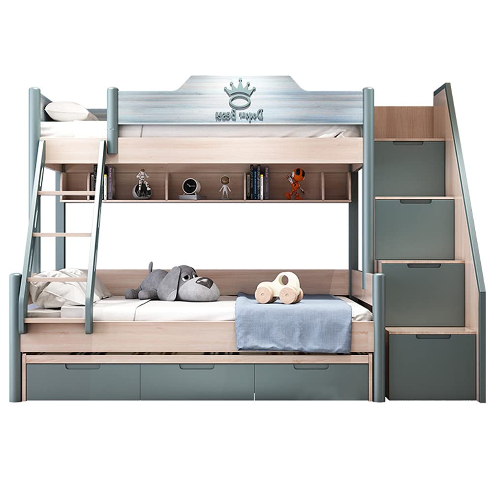 Double Full Bunk Bed Wooden Loft Bed, with Theater, Farmhouse, Ladder, Locker & Guardrail