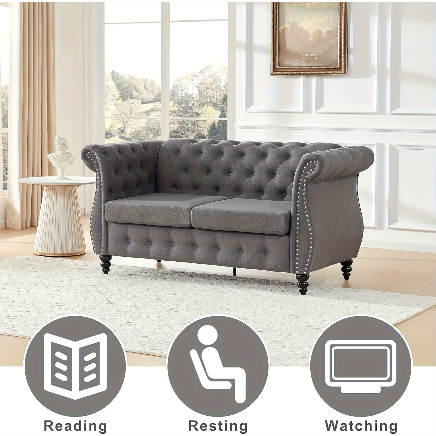 66inch Chesterfield luxury sofa, living room loveseat, with stud detailing and roller armrests, vintage tufted sofa, gourd-shaped wooden legs, gray Chesterfield sofa, suitable for bedroom
