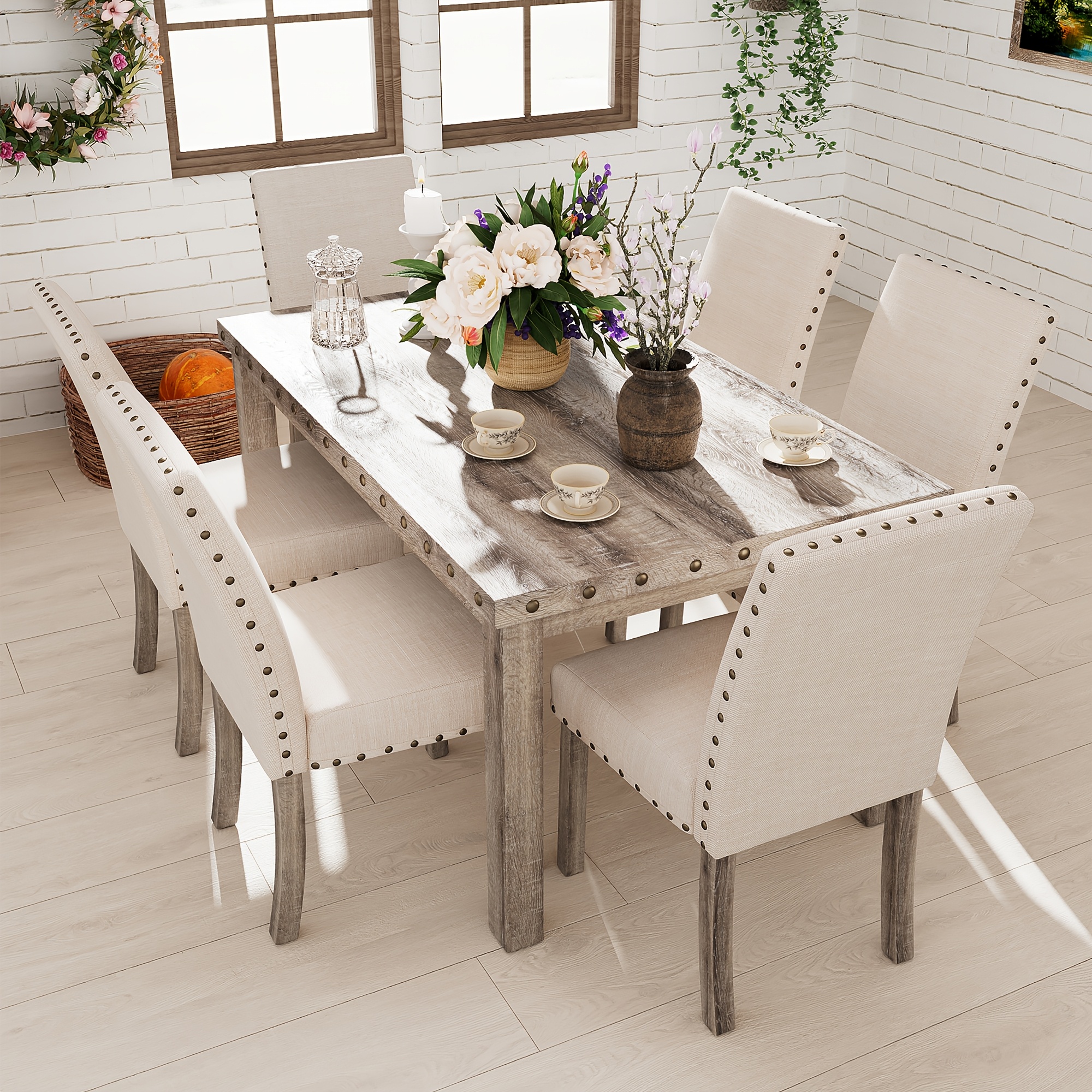 1 set of modern farmhouse dining table and 4 chairs - for home dining, with memory foam cushion seats, no electricity required