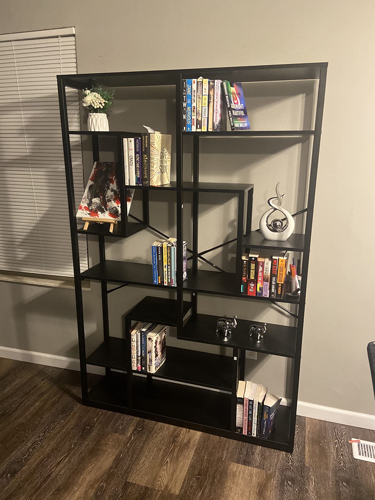 Black Bookshelf 47” Bookcase 9 Tier Tall Book Shelf Rustic Geometric Bookcase Display Shelf Organizer