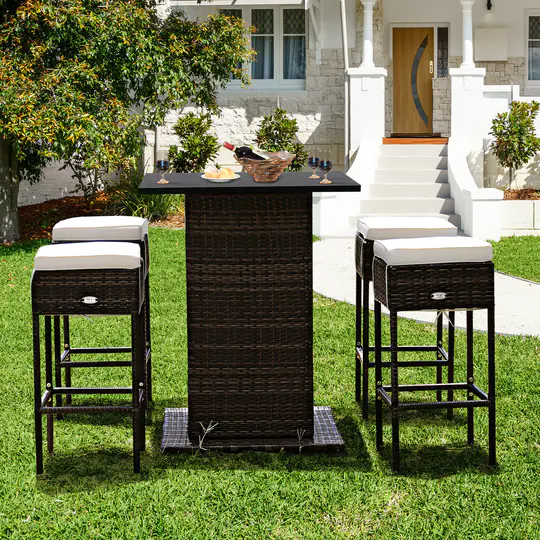 Patiojoy 5PCS Patio Rattan Bar Table Stool Set Hidden Storage Shelf Soft HW68244+