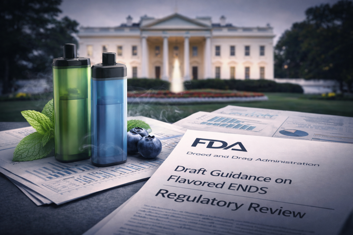 Government buildings and vaping devices symbolizing regulatory tension between the White House and FDA over flavored vape policy in the United States.