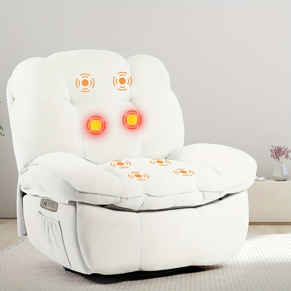 White electric recliner, holiday gift, cushioned swivel chair with vibration massage and heating function, modern single sofa recliner, equipped with USB, USB-C and side pocket, living room decoration