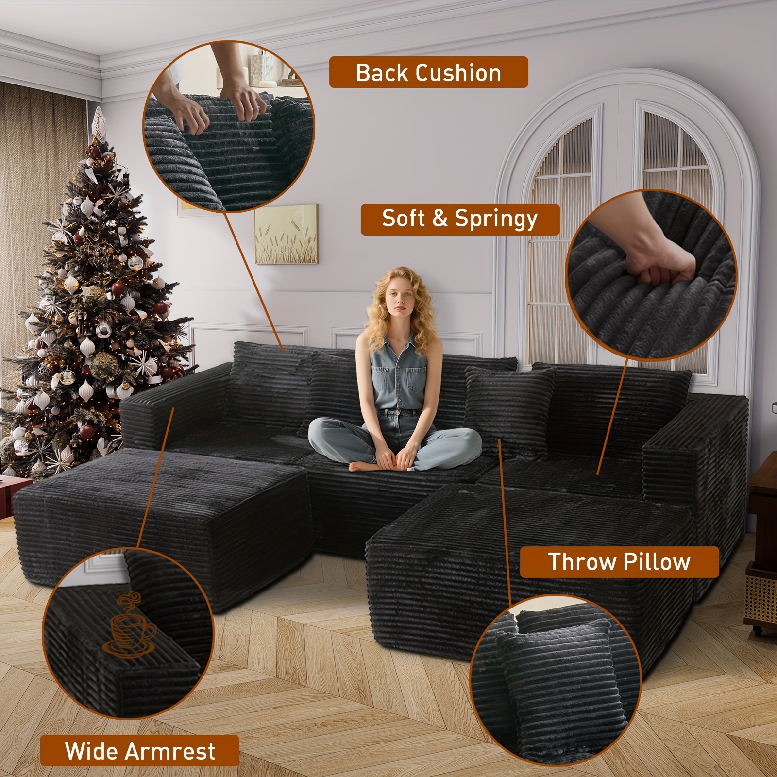 Multi-Seat Living Room Sofa with Corduroy Fabric - Soft and Comfortable Cushion Sectional Sofa 5-Piece Set, Modern Design Modular Sofa Bed with 2 Ottomans + Pillows for Living Room, Home Theater, Game Room - No Assembly Required