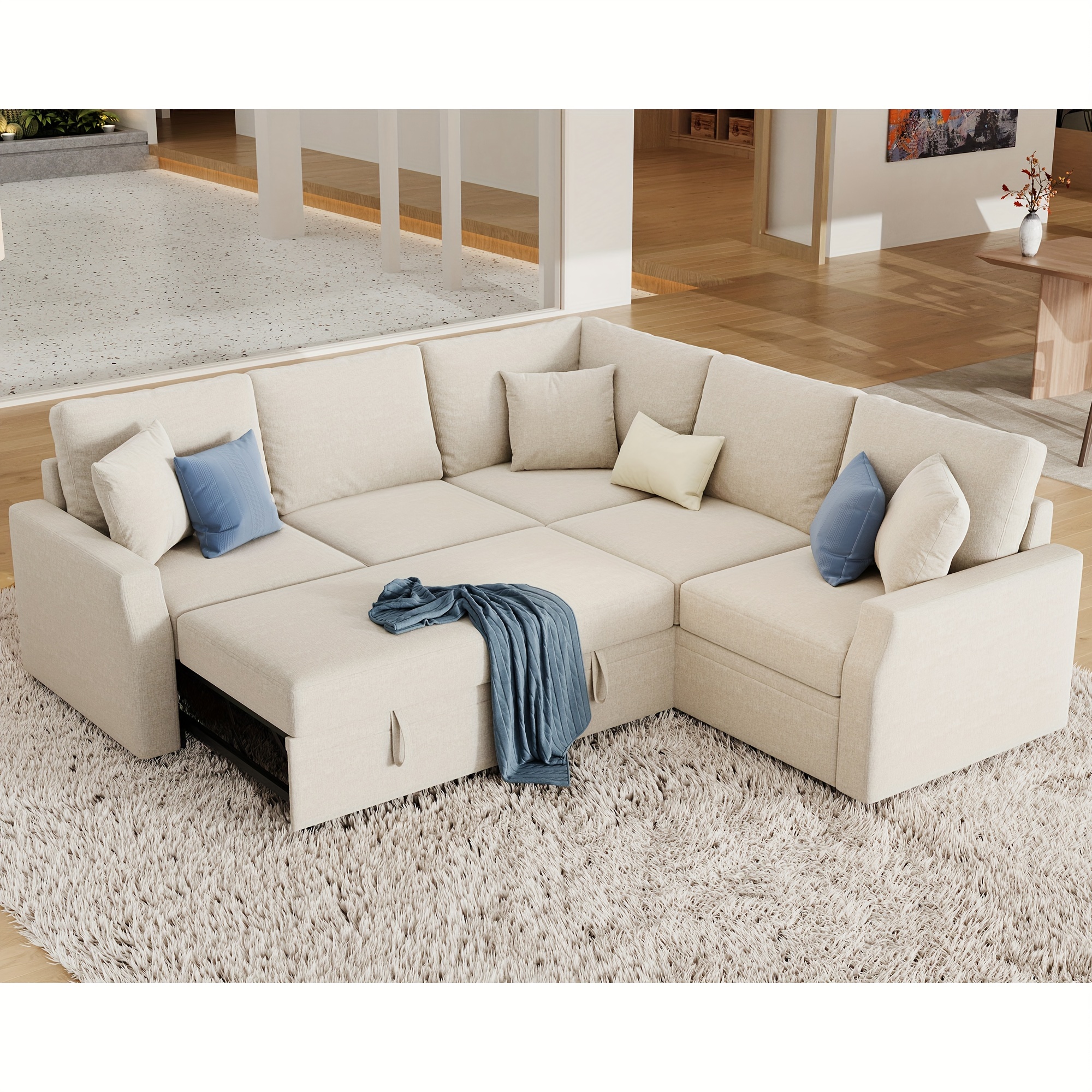 85-inch beige linen fabric L-shaped sofa bed, with pull-out bed and storage seat, perfect for apartment living rooms, corner-style modular sofa.