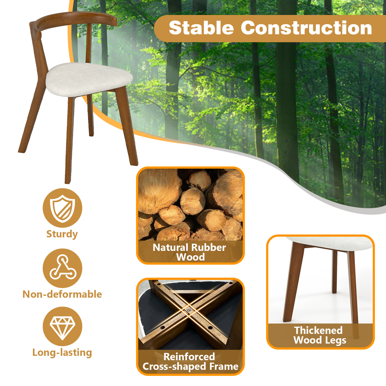 Multifunctional Wooden Dining Chair Set (2/4 pieces) - Space-saving hanging cushioned seat with curved backrest, armless rustic style living room dining chair