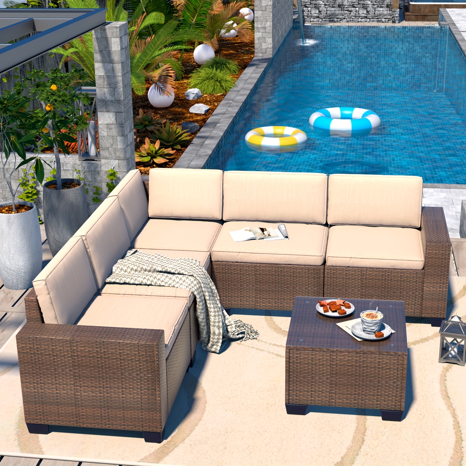 Outdoor Patio Furniture Set, 6-Piece Wicker Sofa and Coffee Table with Soft Cushions, Suitable for Porch, Garden, or Backyard (Blue/Beige/Gray) - Outdoor Patio Furniture