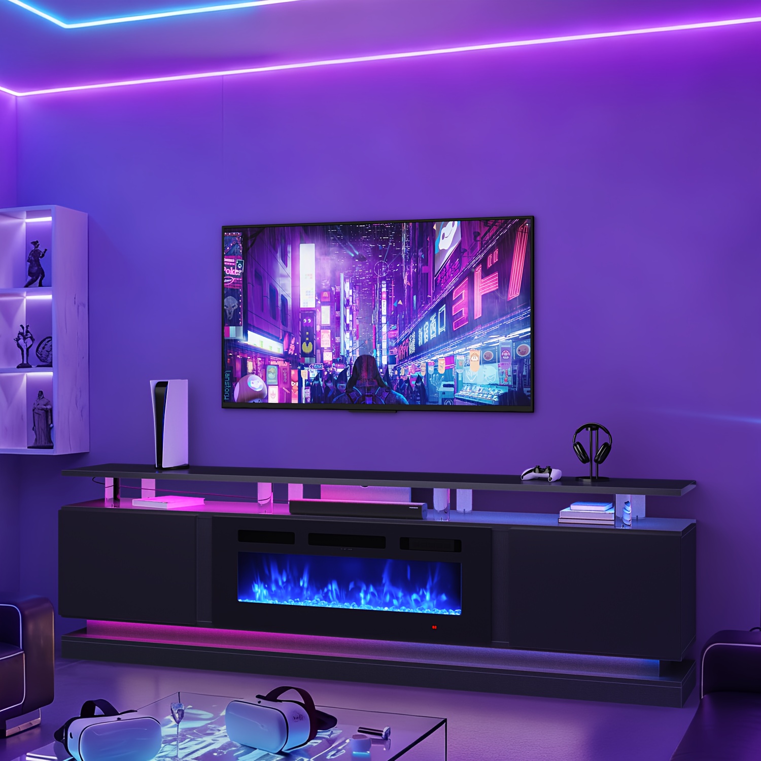 Uniform TV cabinet configuration 36.3inch with modern power outlets, entertainment center, suitable for TVs up to 80inch, media console with plug-in storage cabinet and 12-color LED lighting