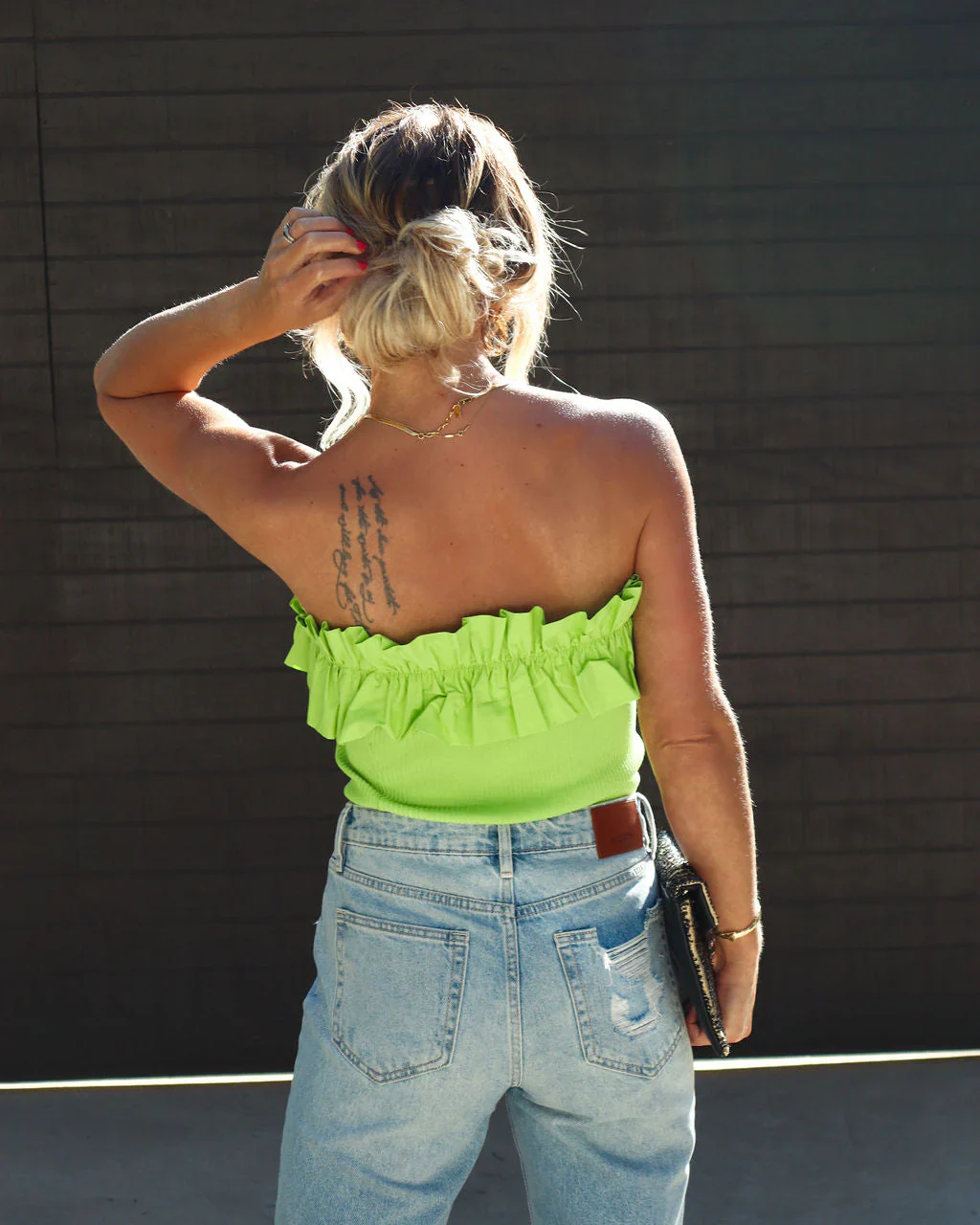 Tropicana Ribbed Ruffle Trim Strapless Top