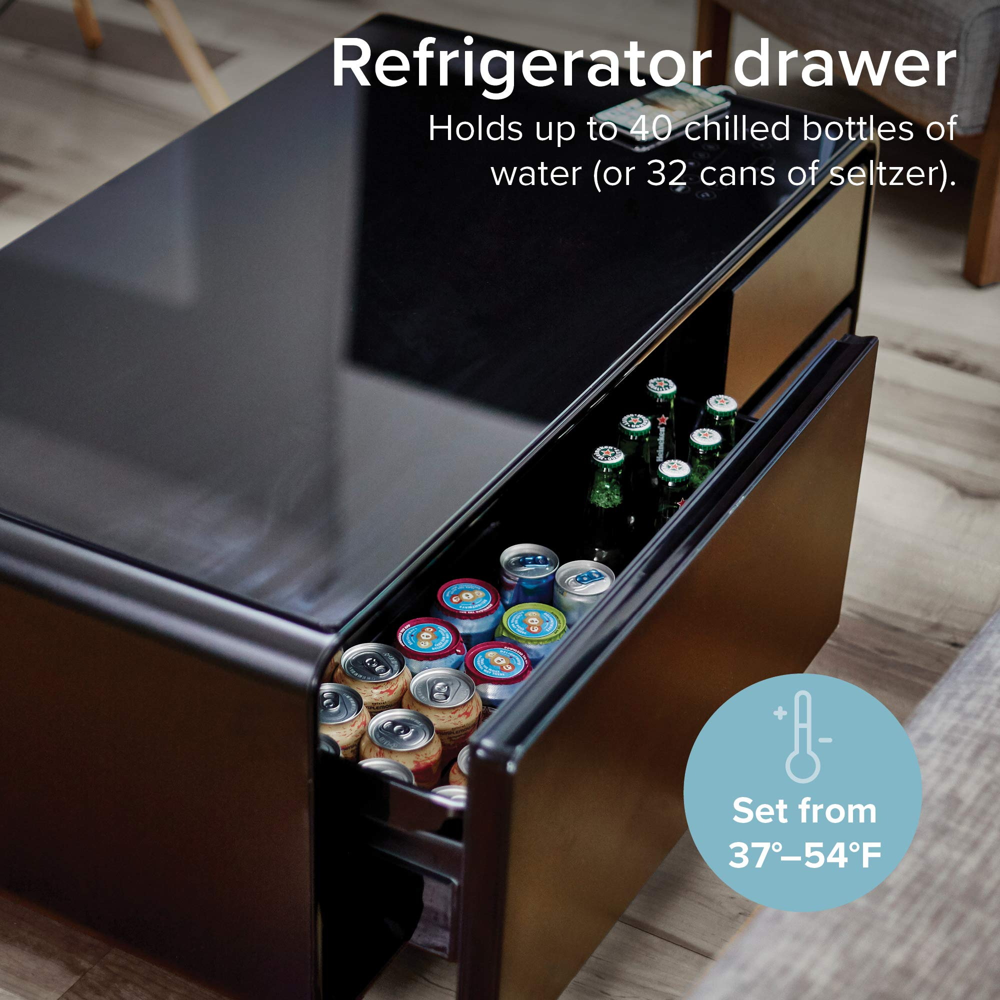 Coffee Table with Built in Fridge, Speakers, Outlets, LED Light, and More - Black