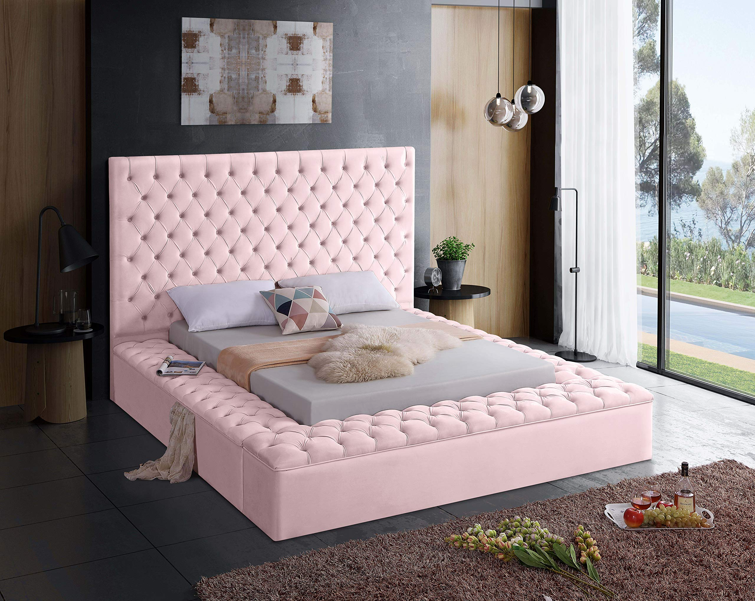 Contemporary Velvet Upholstered Bed with Deep Button Tufting & Storage Compartments