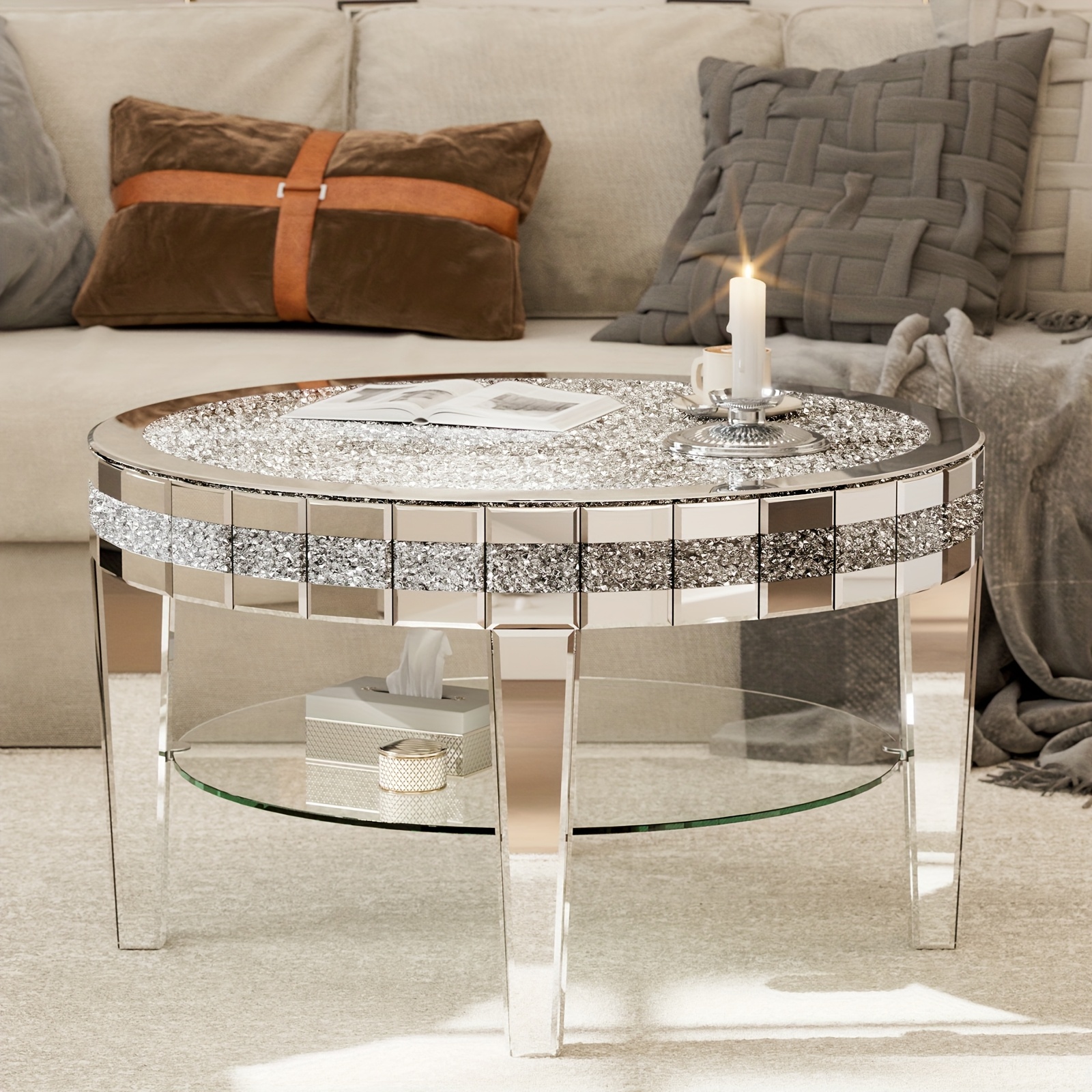 Round mirrored coffee table with double-layer diamond accents, 31.5inch silver round kitchen table, luxurious and shiny coffee table for living room/office/bedroom, Black Friday special offer