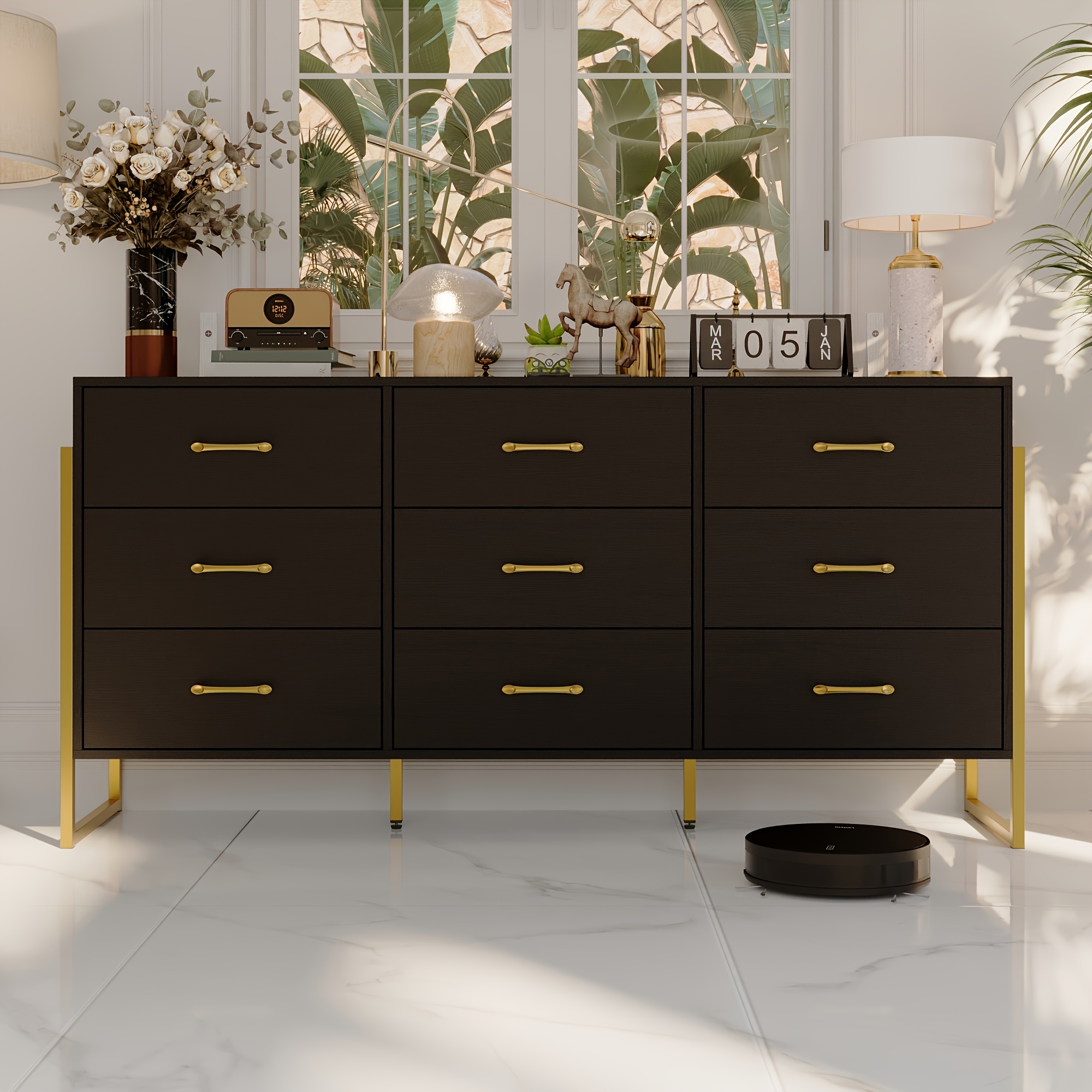 9-drawer storage cabinet, metal frame and leg design, modern wooden nightstand, suitable for bedroom and living room, stylish design, large storage capacity