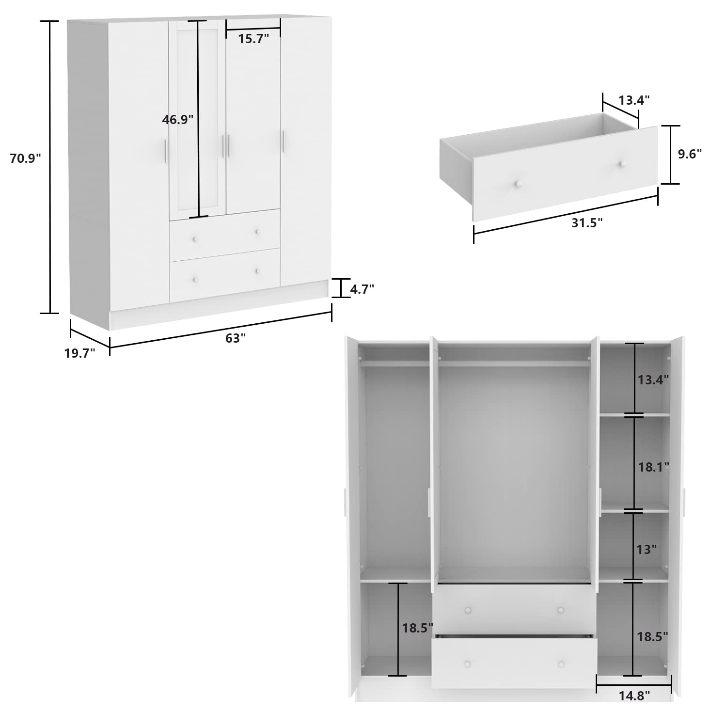 4 Doors Wardrobe Armoire with Mirror, 63