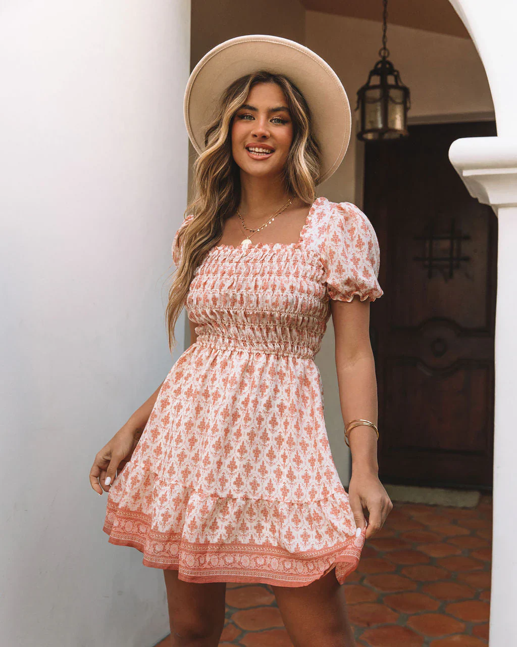 Kenna Printed Smocked Babydoll Dress