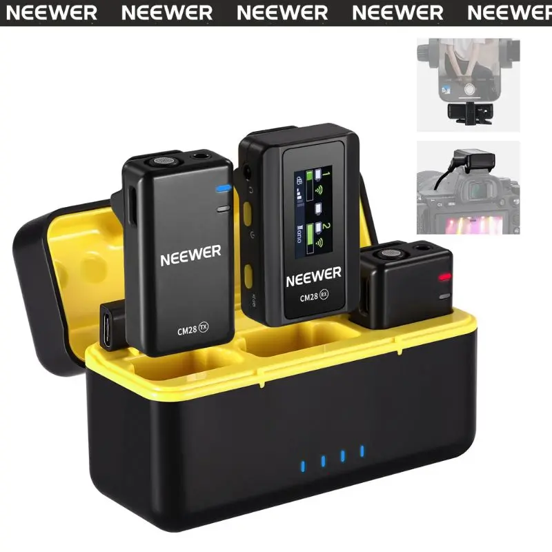 NEEWER CM28 Wireless Lavalier Microphone with LCD Screen & Charging Case, Dual Lapel Mic for Smartphone, DSLR Camera, Computer, Vlogging Live Streaming Interview Video Recording