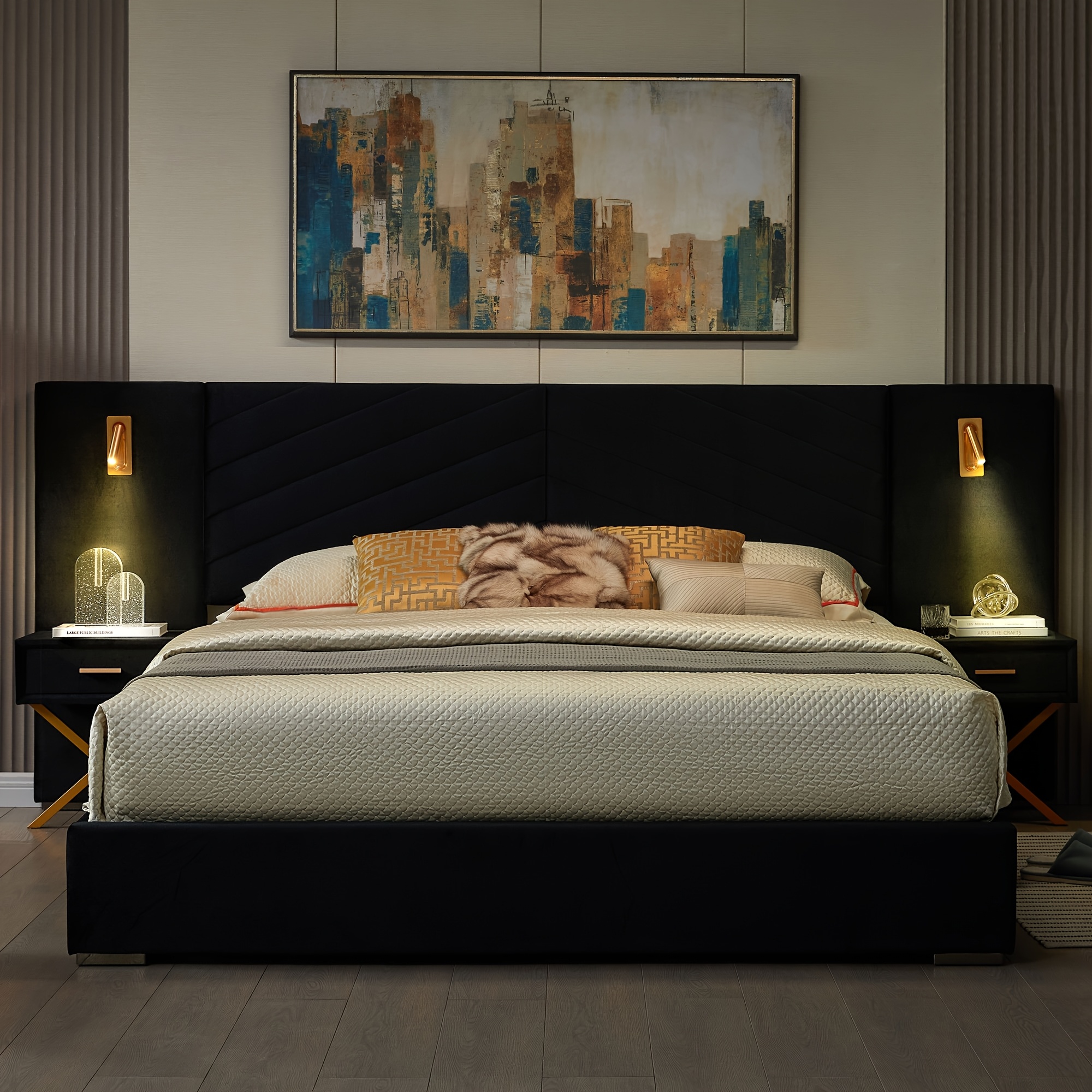 Luxurious double/queen-size bed frame with built-in LED lights and nightstand, double/queen-size platform bed with extra-large upholstered headboard, no mattress support required