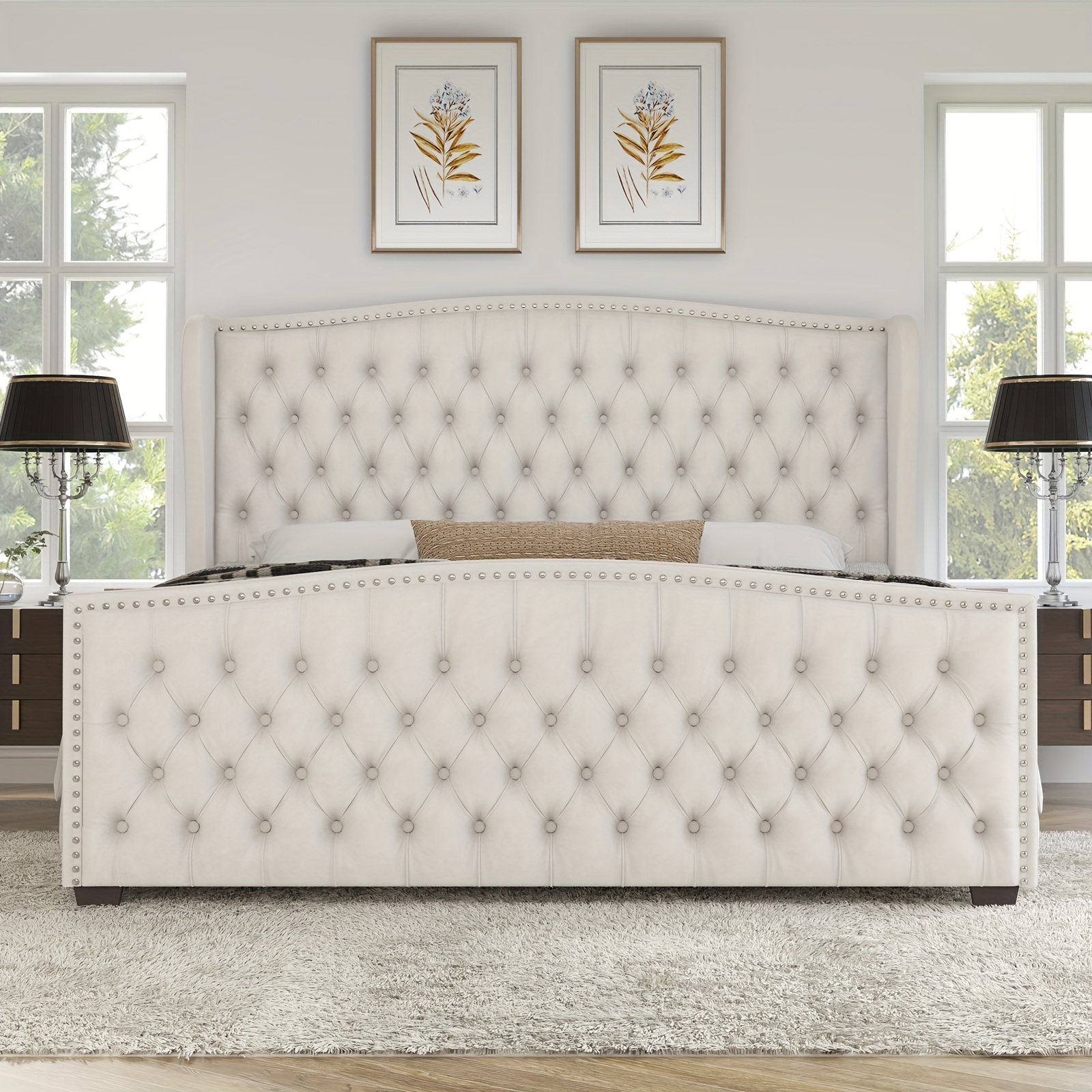 Handmade velvet bed frame with wing-style headboard, decorated with buttons and stud detailing, supporting wooden bed slats.