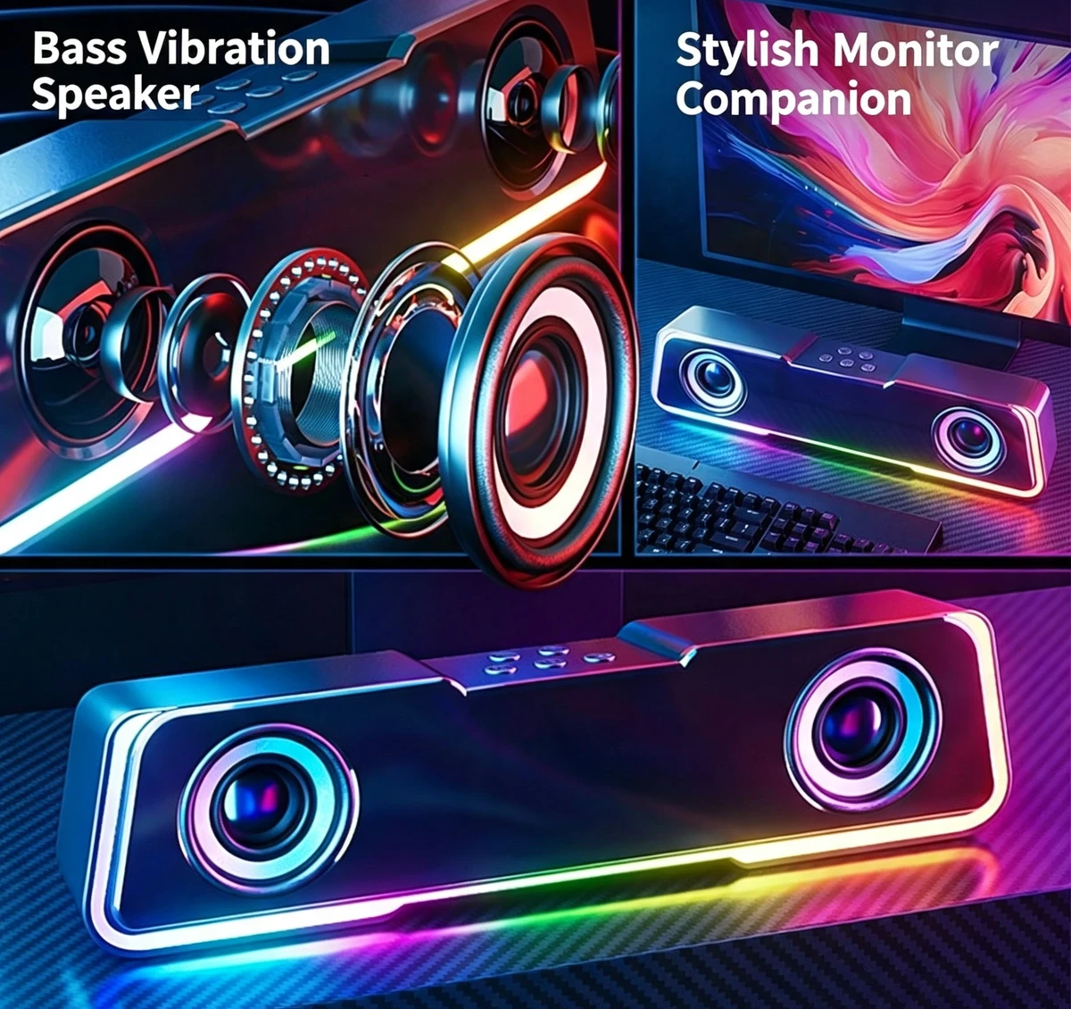 Bluetooth 5.3 RGB Gaming Soundbar, Wired & Wireless Dual Mode Desktop PC Speaker, Stereo Bass Computer Sound Bar for Laptop, Gaming, Movie and Music Playback