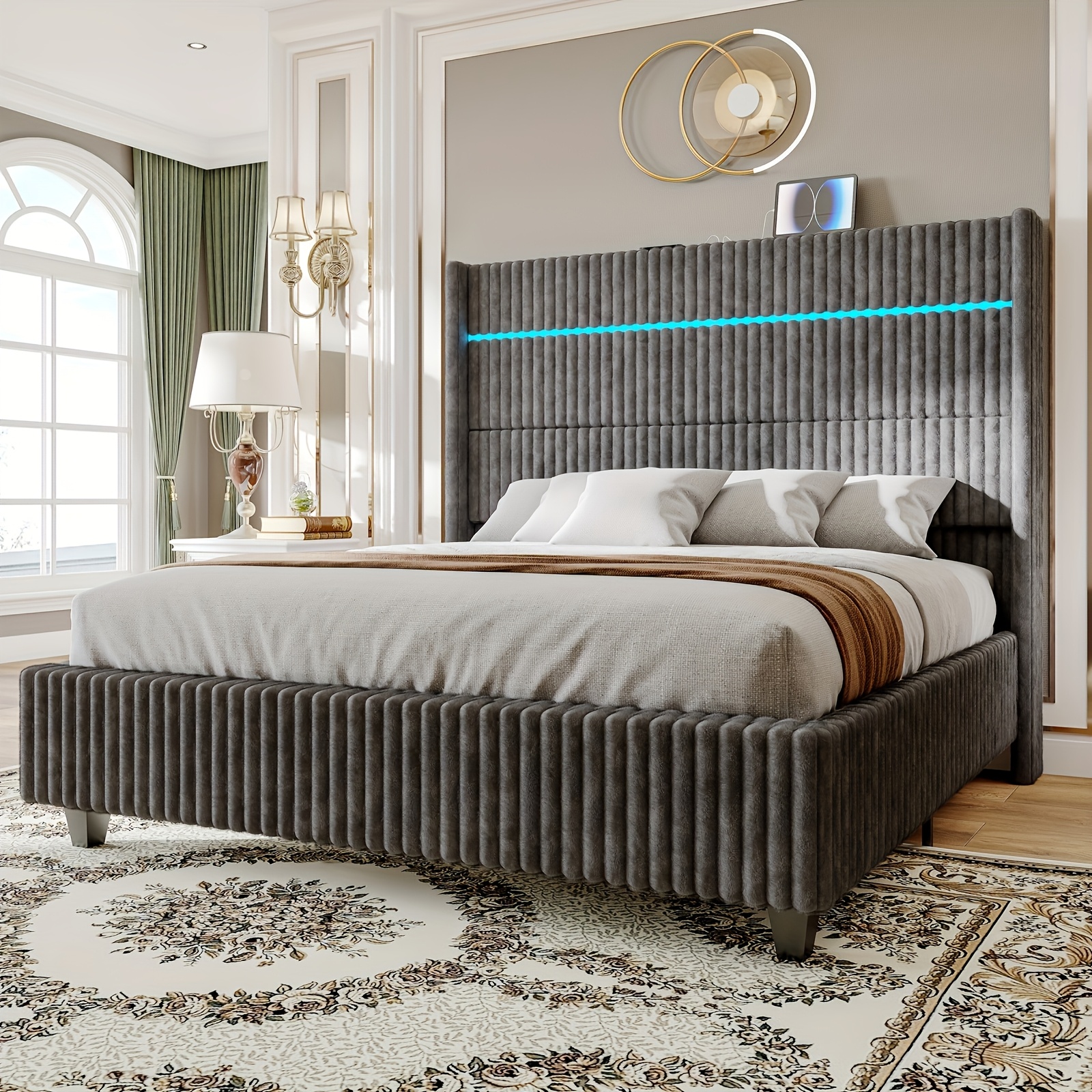 PaPt 60inch platform bed frame, with LED decorative lights, corduroy fabric winged headboard, with charging area (optional spring bed box)