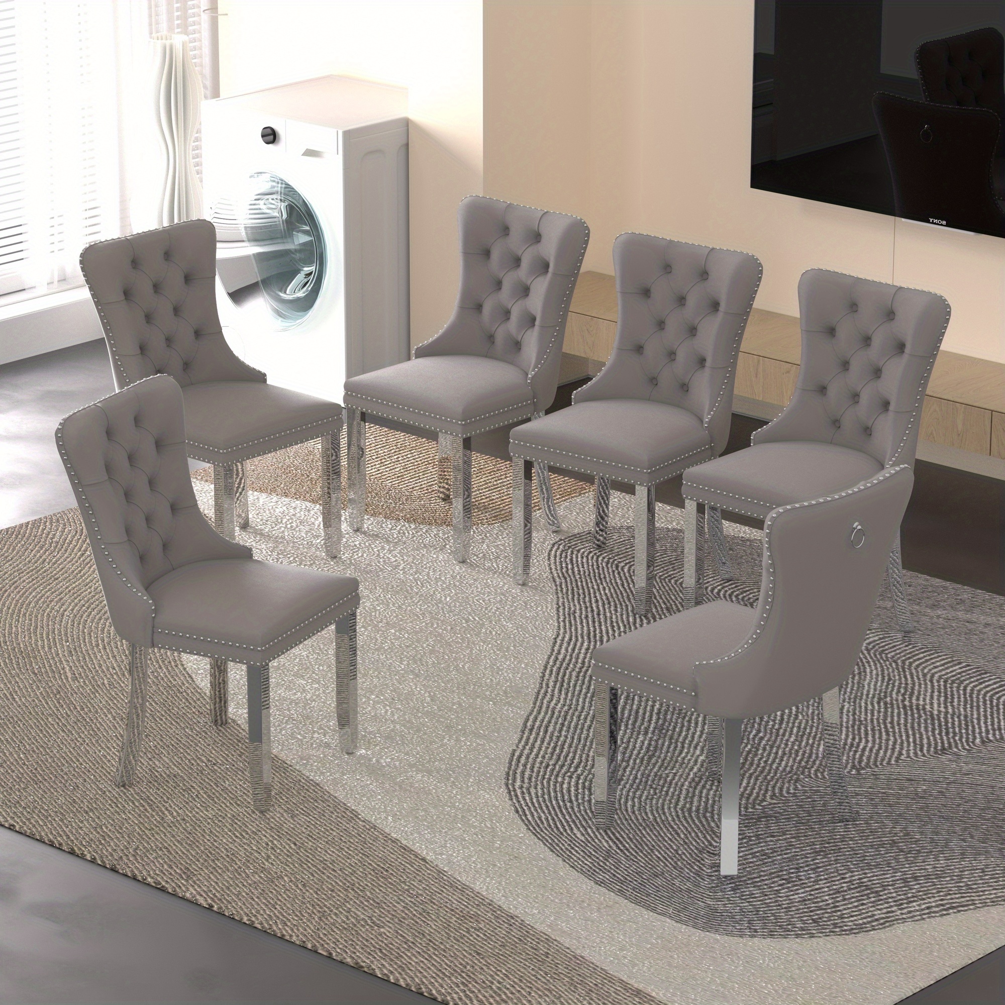 Modern velvet cushioned dining chairs with silver stainless steel plated legs, set of 6