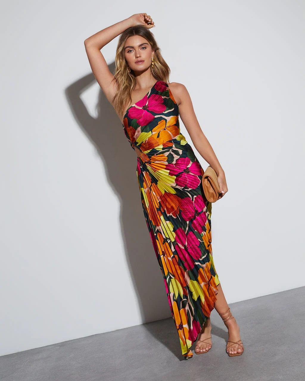Modern Day Glam Satin Pleated One Shoulder Cutout Asymmetrical Maxi Dress