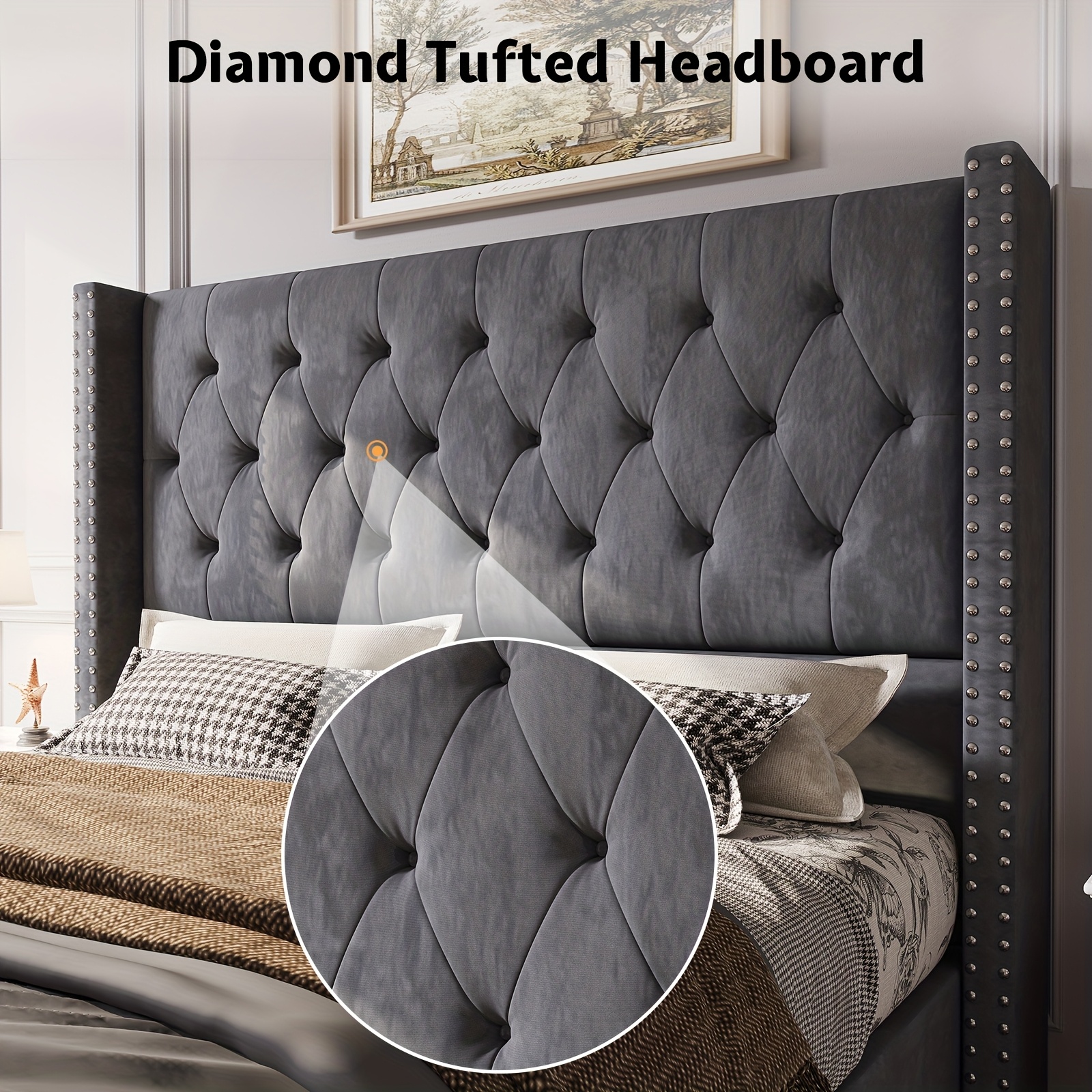 Papajet velvet headboard bed frame, with wing-style headboard, no box mattress required