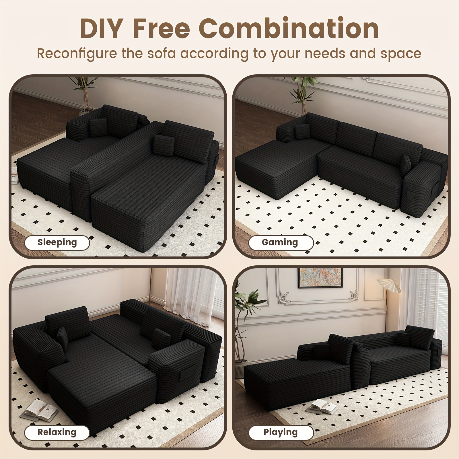 105inch Modular L-shaped sofa with chaise lounge, peach fabric, for living room & home office, frameless cloud sofa, deep seat cushion with memory foam padding (black, left side)