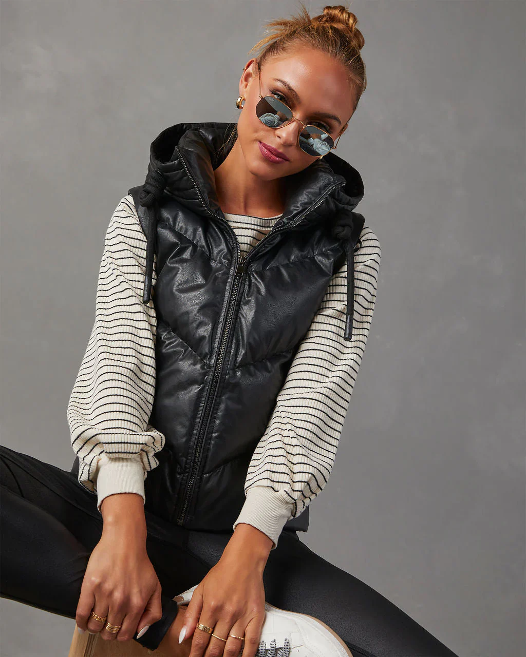 Shelton Pocketed Hooded Faux Leather Puffer Vest