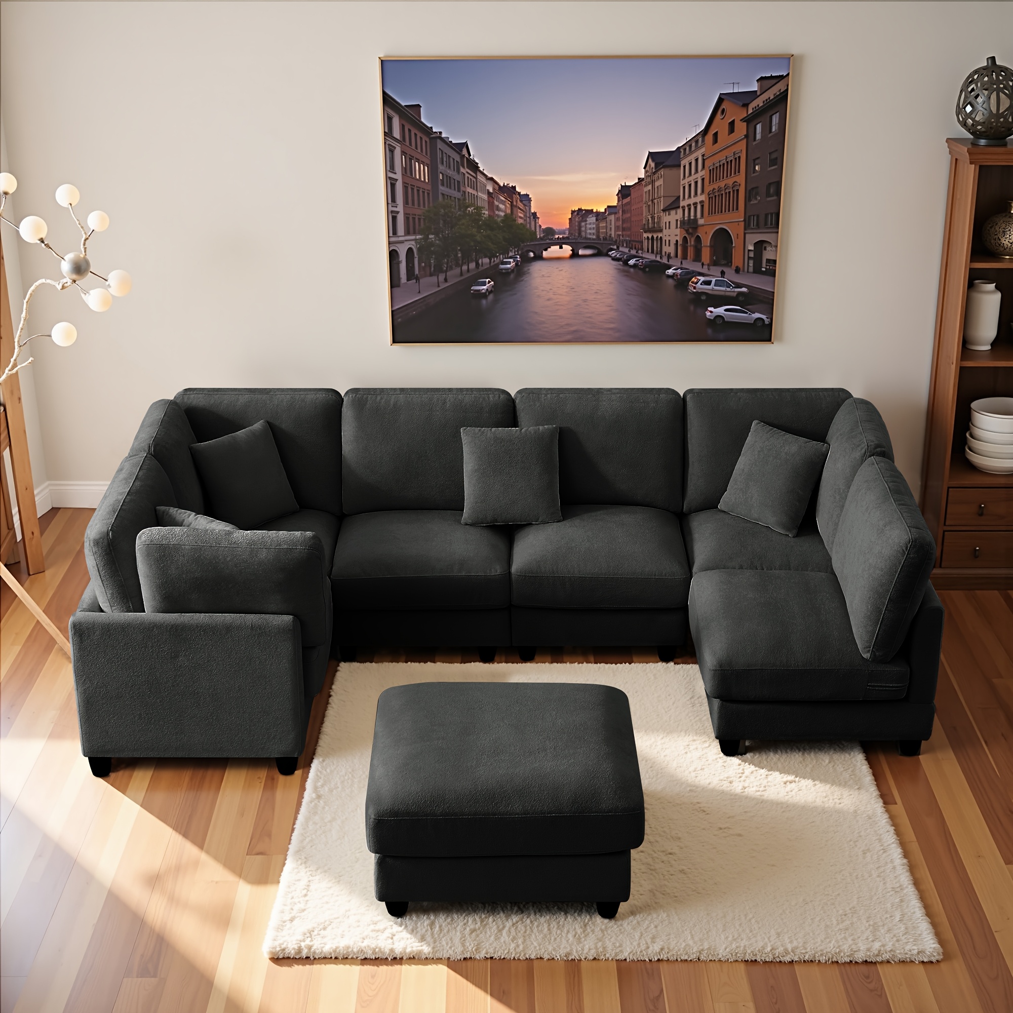 Seven-seater modular sectional sofa with 3 small cushions, L/U-shaped free combination, suitable for living rooms, bedrooms, offices, and other spaces, dark gray