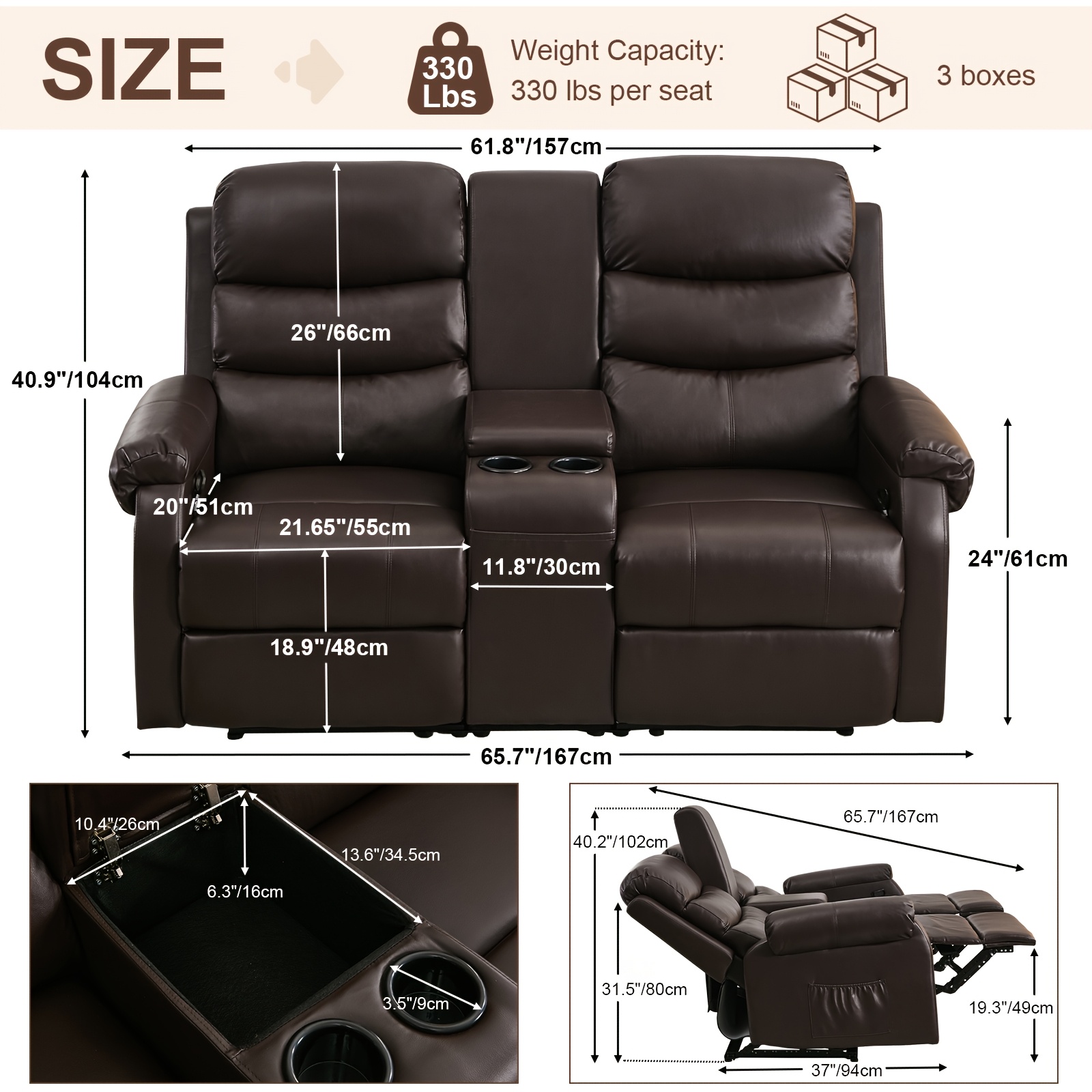 Adjustable double sofa for office, manual RV recliner, with console, cup holder and pockets, faux leather fabric
