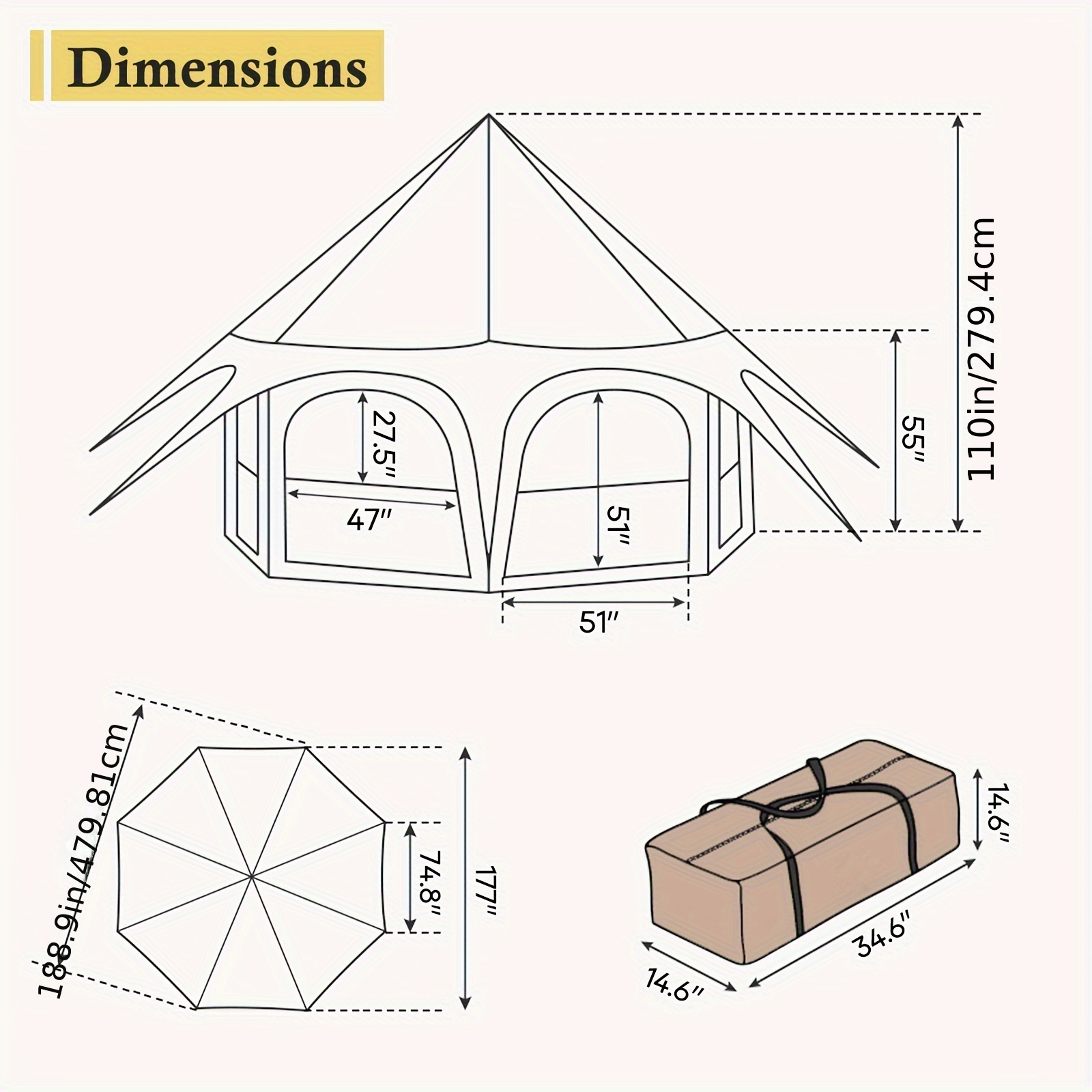 Canvas bell tent, 16.4 feet long * 9.2 feet high, with stove jack, suitable for luxury camping and family camping, with zippered removable floor