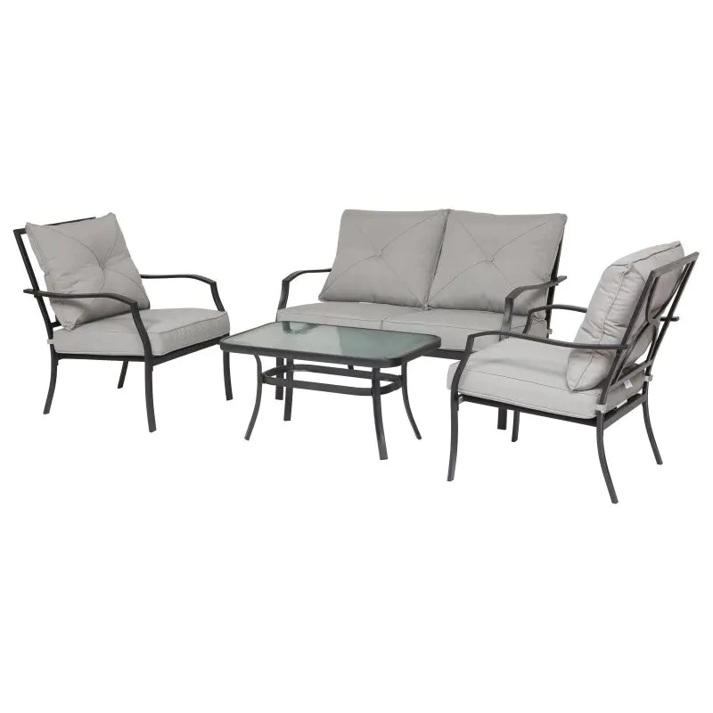 Outsunny 4 Pcs Metal Frame Garden Chatting Set w Sofa 2 Chairs Glass Top Table Foam Cushions