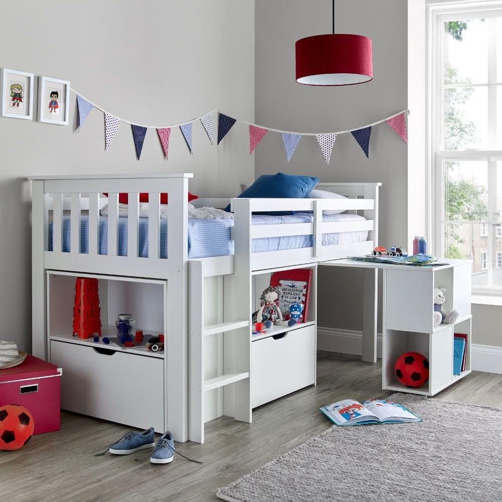 Milo Grey Wooden Mid Sleeper Kids Bunk Bed with Pocket Sprung Mattress 3' Single 90x190 cm