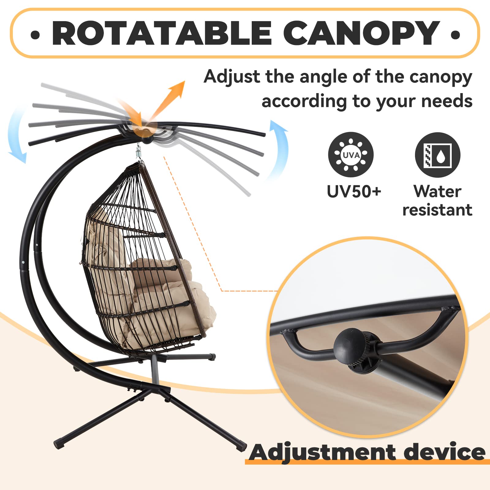Double Egg Chair with Stand, Foldable Hanging Chair, Hammock Chair with Cushion and Awning