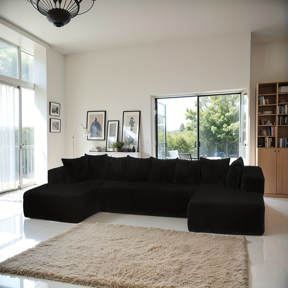 Modular U-shaped corner sofa, 130inch four-seater chaise lounge, reversible design, black striped corduroy fabric – suitable for living room or bedroom, with flexible arrangement options