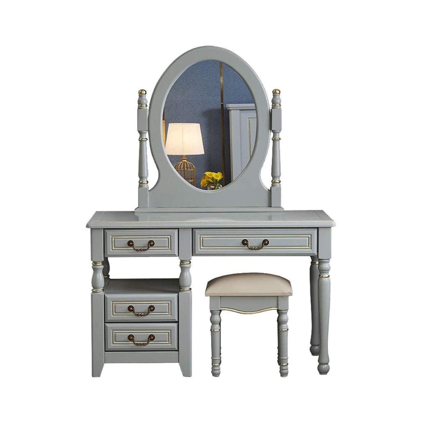 Dressing Table Bedroom Vanity Table Set, Makeup Table with Oval Mirror, Stool & 4 Drawers