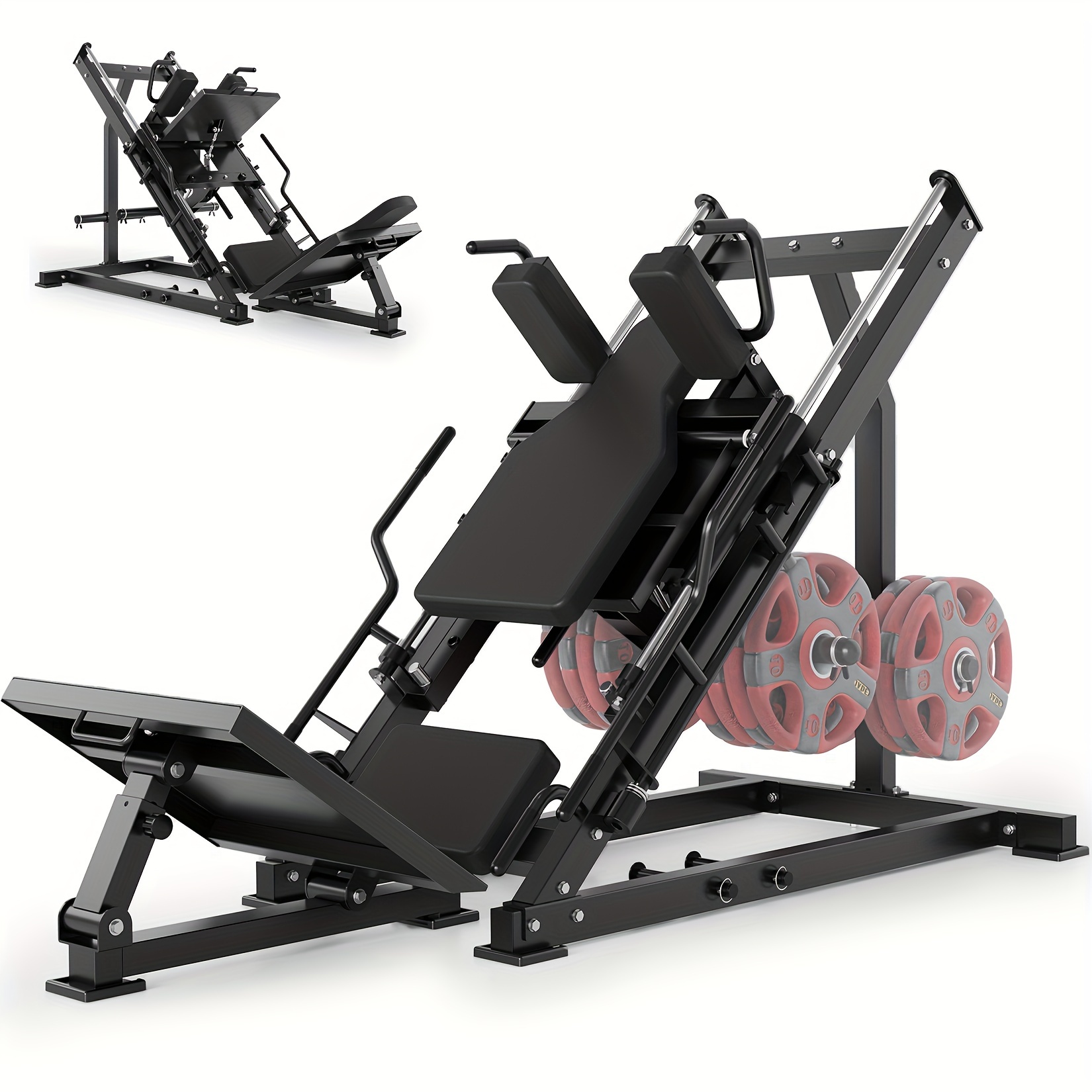 Leg press hack squat machine, leg exercise machine with linear bearings, 1400 lbs load capacity, designed for lower body, with quads weight storage, black for home gym