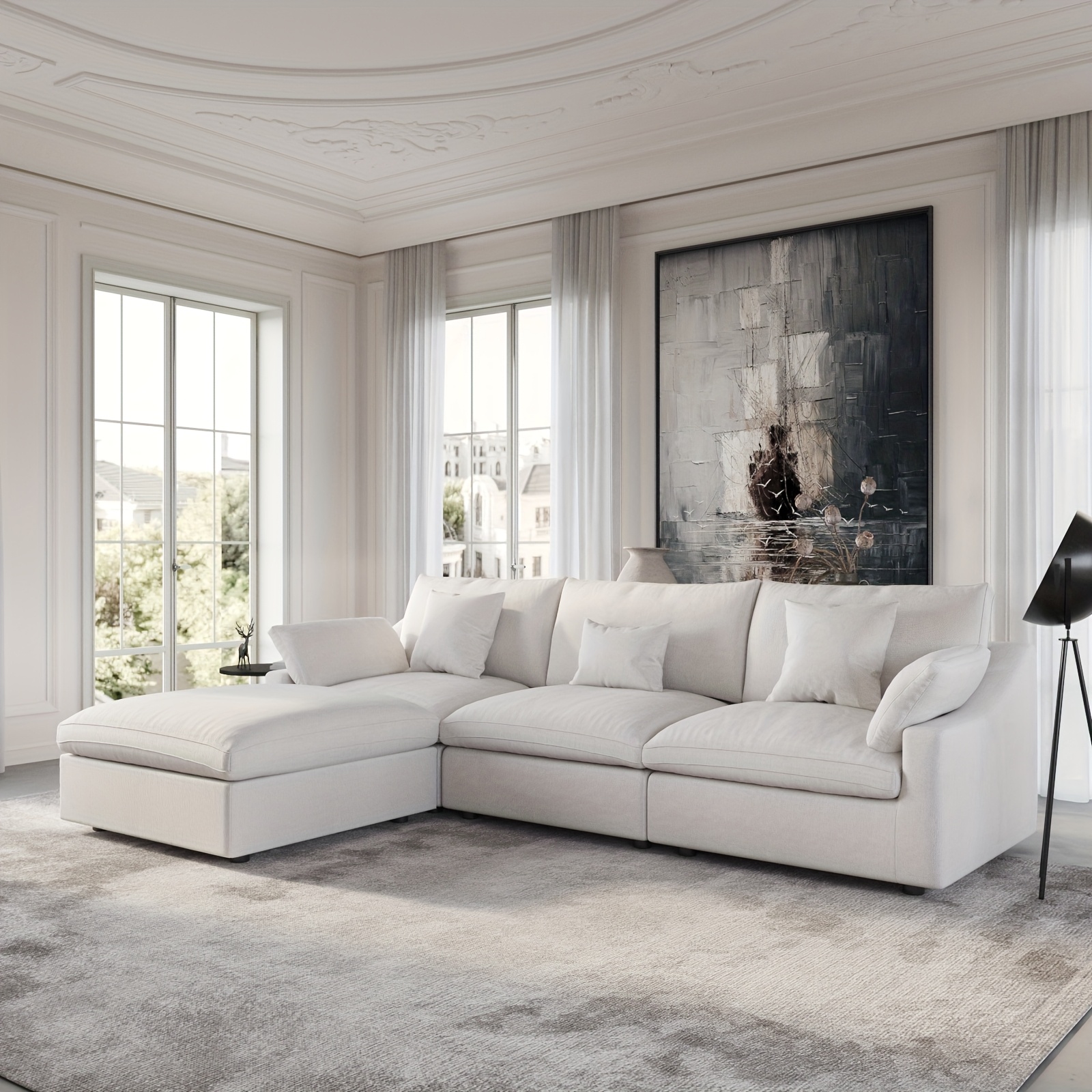 Modular corner sofa cloud sofa, 119.29inch L-shaped with chaise lounge and footrest, minimalist deep-seated living room sofa in linen blend fabric, removable and washable sofa cover