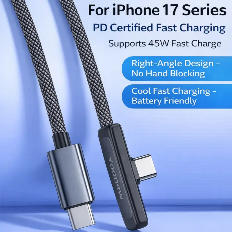 90 Degree PD 45W USB C to USB C Charging Cable, Nylon Braided Right Angle Fast Charger Cord for iPhone 15/16/17