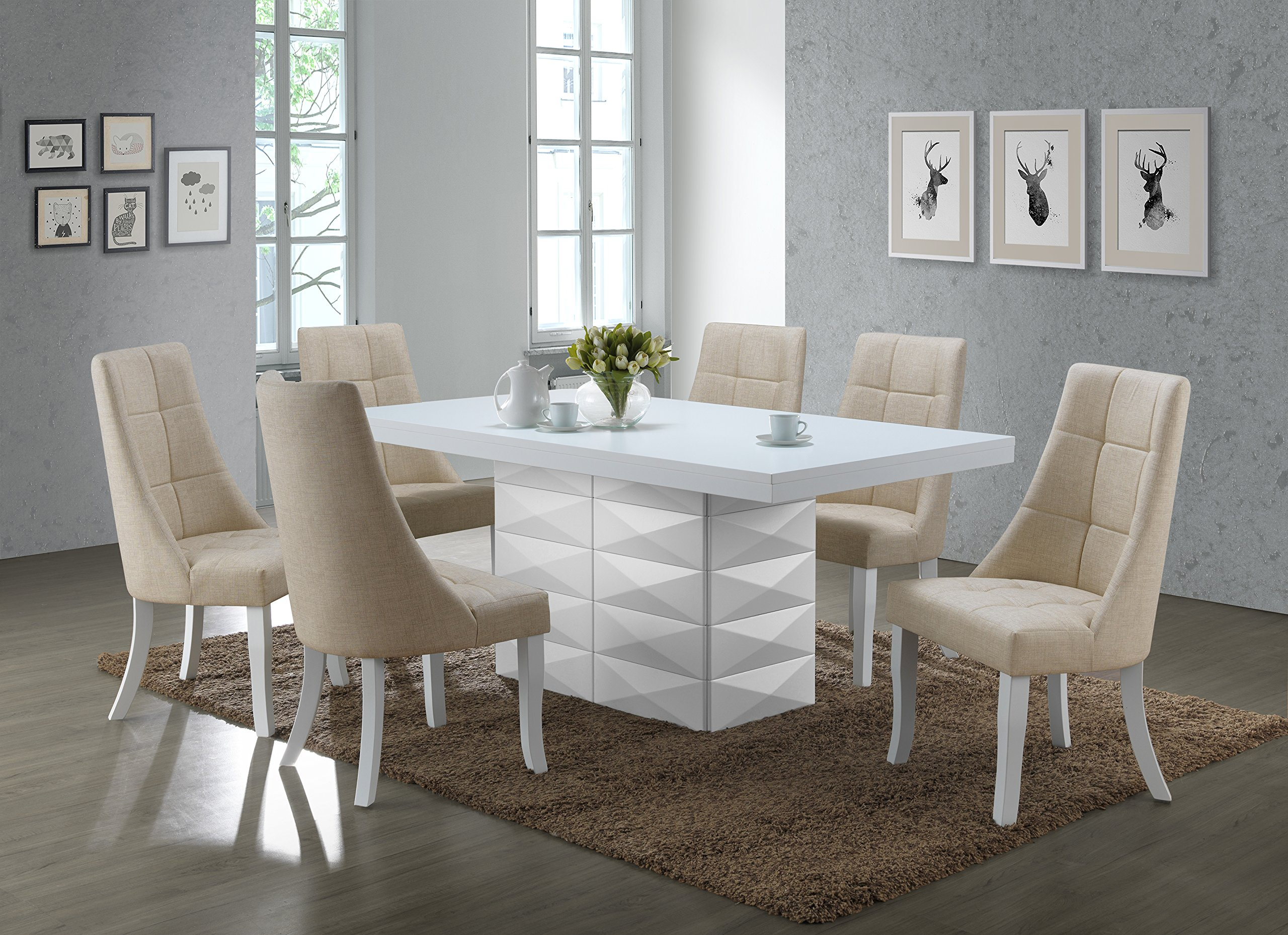 Milan 7 Piece White Modern Rectangle Dinette Dining Room Table & 6 Beige Vinyl Chairs