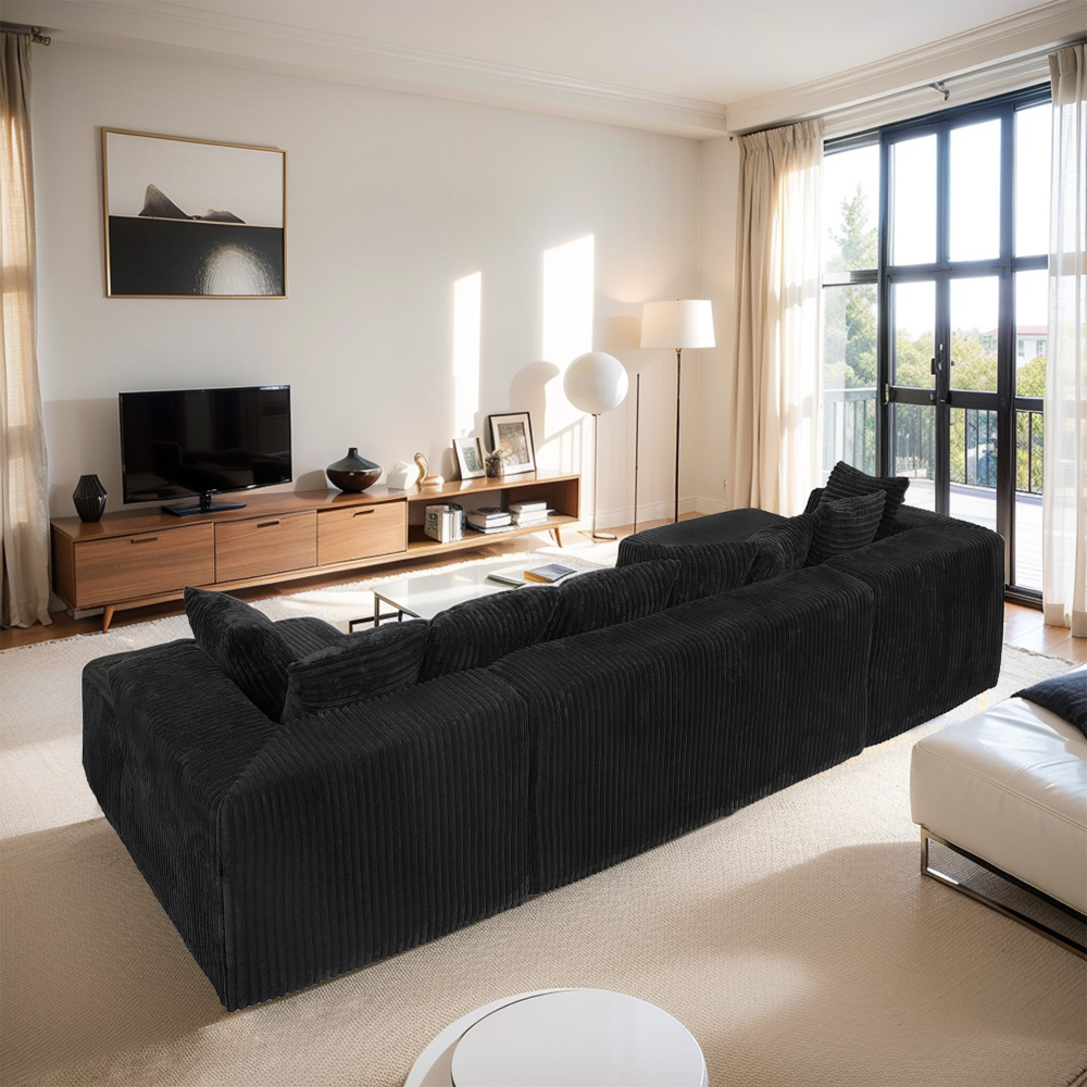 130inch Modular U-Shaped Sofa with Chaise Lounge - 4-Seater Reversible L-Shaped Sofa, Striped Corduroy Fabric (Black), No Assembly Required, Configurable Layout, Suitable for Large Living Rooms and Bedrooms - Soft and Comfortable